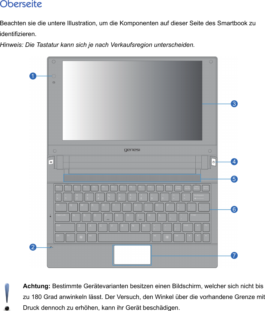 OberseiteBeachten sie die untere Illustration, um die Komponenten auf dieser Seite des Smartbook zuidentifizieren.Hinweis: Die Tastatur kann sich je nach Verkaufsregion unterscheiden.Achtung: Bestimmte Gerätevarianten besitzen einen Bildschirm, welcher sich nicht biszu 180 Grad anwinkeln lässt. Der Versuch, den Winkel über die vorhandene Grenze mitDruck dennoch zu erhöhen, kann ihr Gerät beschädigen.