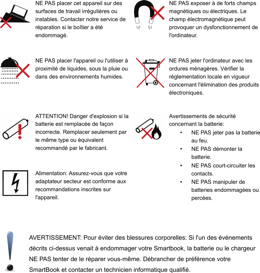 NE PAS placer cet appareil sur dessurfaces de travail irrégulières ouinstables. Contacter notre service deréparation si le boîtier a étéendommagé.NE PAS exposer à de forts champsmagnétiques ou électriques. Lechamp électromagnétique peutprovoquer un dysfonctionnement del&apos;ordinateur.NE PAS placer l&apos;appareil ou l&apos;utiliser àproximité de liquides, sous la pluie oudans des environnements humides.NE PAS jeter l&apos;ordinateur avec lesordures ménagères. Vérifier laréglementation locale en vigueurconcernant l&apos;élimination des produitsélectroniques.ATTENTION! Danger d&apos;explosion si labatterie est remplacée de façonincorrecte. Remplacer seulement parle même type ou équivalentrecommandé par le fabricant.Avertissements de sécuritéconcernant la batterie:•NE PAS jeter pas la batterieau feu.•NE PAS démonter labatterie.•NE PAS court-circuiter lescontacts.•NE PAS manipuler debatteries endommagées oupercées.Alimentation: Assurez-vous que votreadaptateur secteur est conforme auxrecommandations inscrites surl&apos;appareil.AVERTISSEMENT: Pour éviter des blessures corporelles: Si l&apos;un des événementsdécrits ci-dessus venait à endommager votre Smartbook, la batterie ou le chargeurNE PAS tenter de le réparer vous-même. Débrancher de préférence votreSmartBook et contacter un technicien informatique qualifié.