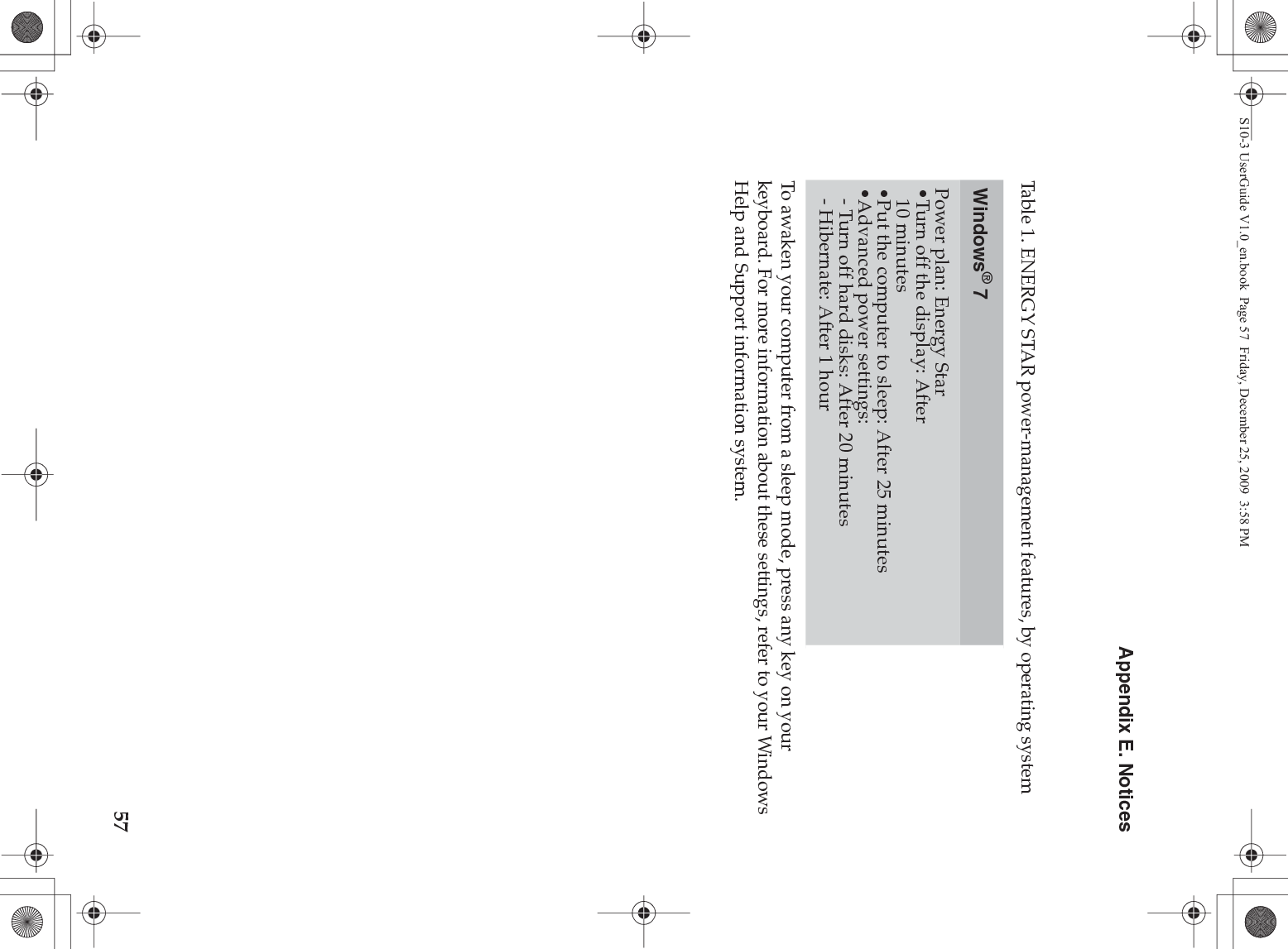 Appendix E. Notices57To awaken your computer from a sleep mode, press any key on your keyboard. For more information about these settings, refer to your Windows Help and Support information system.Table 1. ENERGY STAR power-management features, by operating systemWindows® 7Power plan: Energy Star•Turn off the display: After 10 minutes•Put the computer to sleep: After 25 minutes•Advanced power settings:- Turn off hard disks: After 20 minutes- Hibernate: After 1 hourS10-3 UserGuide V1.0_en.book  Page 57  Friday, December 25, 2009  3:58 PM