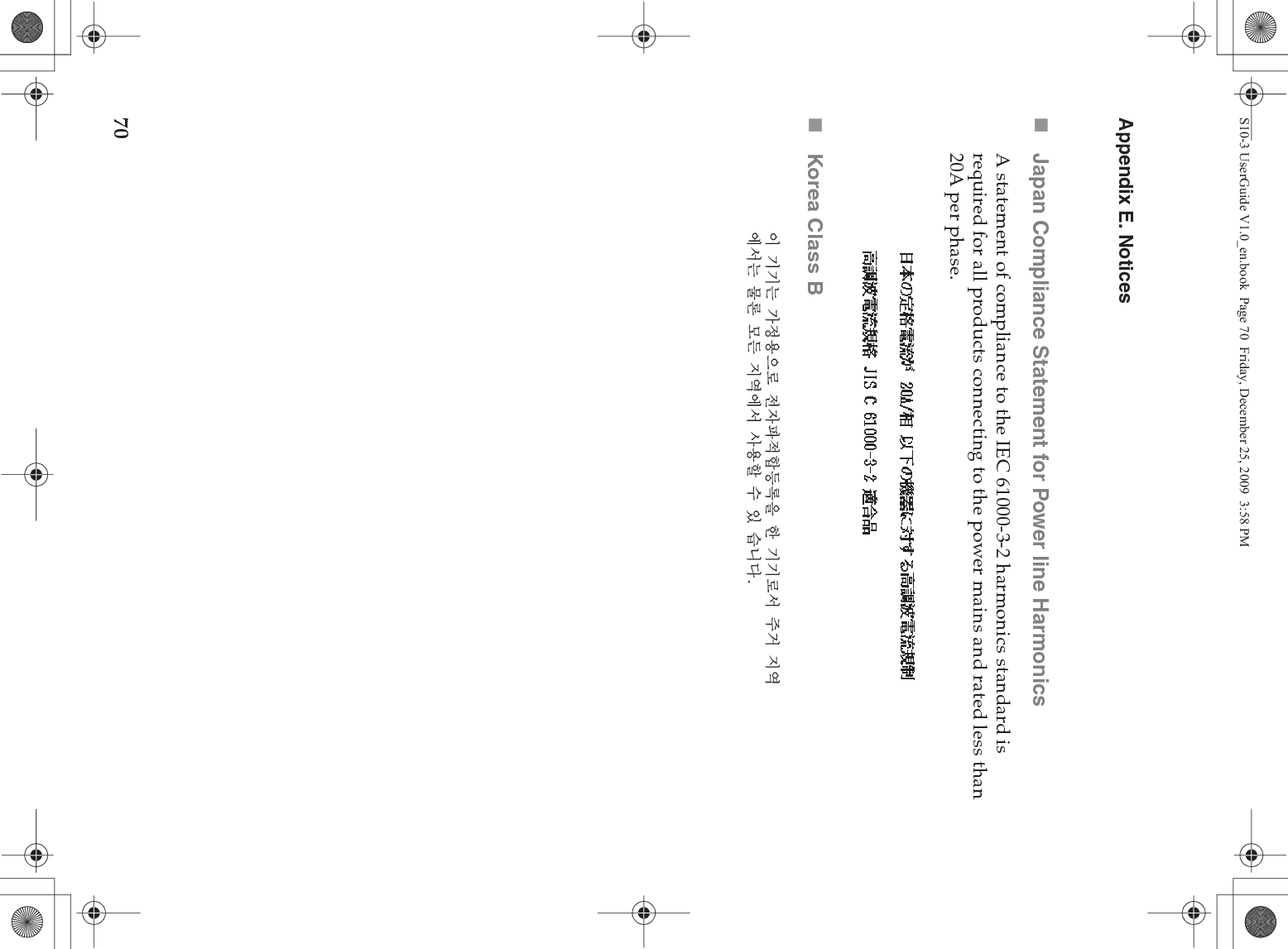 70Appendix E. NoticesJapan Compliance Statement for Power line HarmonicsA statement of compliance to the IEC 61000-3-2 harmonics standard is required for all products connecting to the power mains and rated less than 20A per phase.Korea Class BS10-3 UserGuide V1.0_en.book  Page 70  Friday, December 25, 2009  3:58 PM