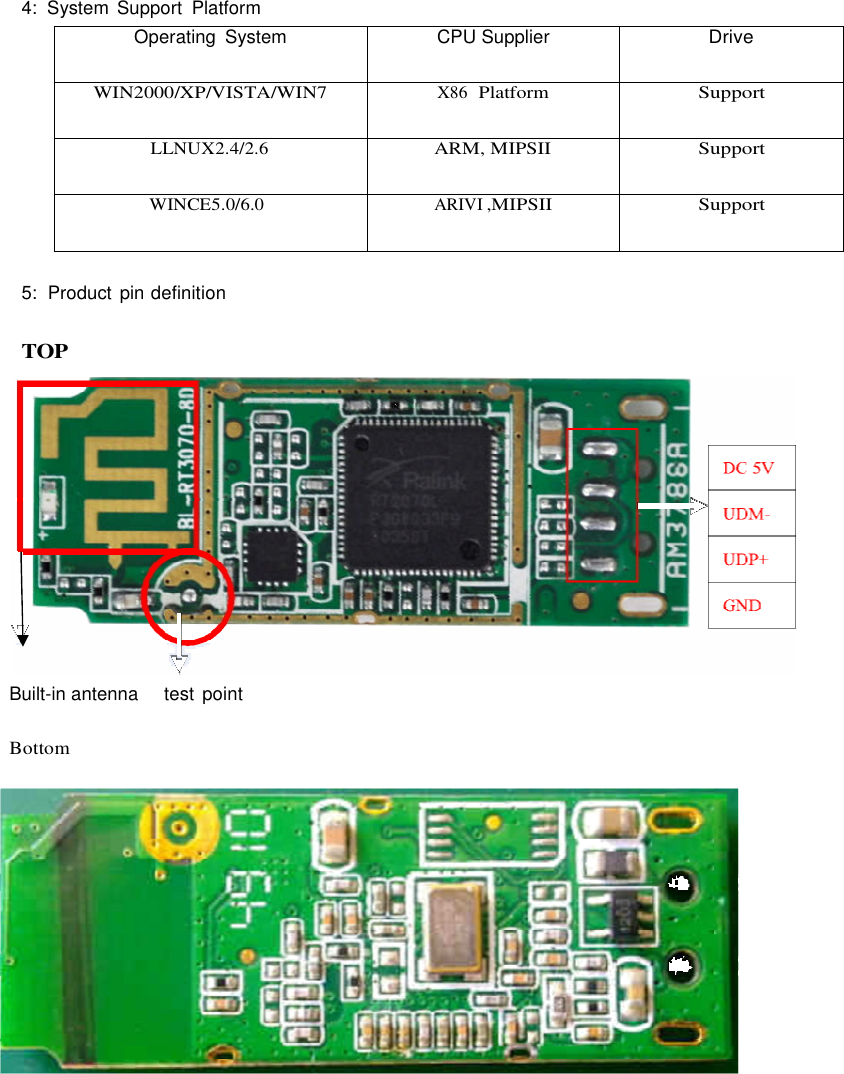  4: System Support Platform  Operating System CPU Supplier Drive WIN2000/XP/VISTA/WIN7 X86  Platform Support LLNUX2.4/2.6 ARM, MIPSII Support WINCE5.0/6.0 ARIVI ,MIPSII Support  5:  Product pin definition   TOP                 Built-in antenna     test point  Bottom 