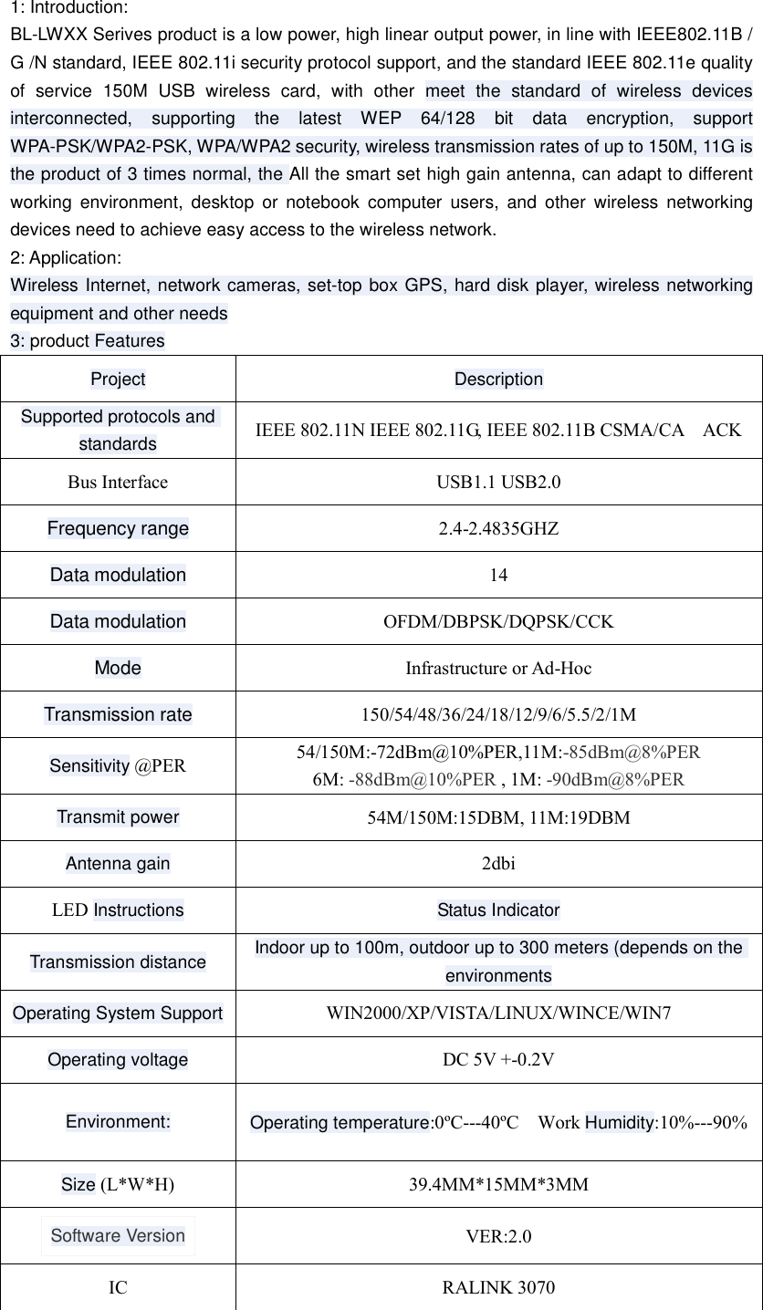  1: Introduction:  BL-LWXX Serives product is a low power, high linear output power, in line with IEEE802.11B / G /N standard, IEEE 802.11i security protocol support, and the standard IEEE 802.11e quality of service 150M USB wireless card, with other meet the standard of wireless devices interconnected, supporting the latest WEP 64/128 bit data encryption, support WPA-PSK/WPA2-PSK, WPA/WPA2 security, wireless transmission rates of up to 150M, 11G is the product of 3 times normal, the All the smart set high gain antenna, can adapt to different working environment, desktop or notebook computer users, and other wireless networking devices need to achieve easy access to the wireless network. 2: Application:  Wireless Internet, network cameras, set-top box GPS, hard disk player, wireless networking equipment and other needs 3: product Features Project Description Supported protocols and standards IEEE 802.11N IEEE 802.11G, IEEE 802.11B CSMA/CA  ACK Bus Interface  USB1.1 USB2.0 Frequency range 2.4-2.4835GHZ Data modulation 14 Data modulation  OFDM/DBPSK/DQPSK/CCK Mode Infrastructure or Ad-Hoc Transmission rate 150/54/48/36/24/18/12/9/6/5.5/2/1M Sensitivity @PER  54/150M:-72dBm@10%PER,11M:-85dBm@8%PER            6M: -88dBm@10%PER , 1M: -90dBm@8%PER Transmit power 54M/150M:15DBM, 11M:19DBM Antenna gain 2dbi LED Instructions Status Indicator Transmission distance Indoor up to 100m, outdoor up to 300 meters (depends on the environments Operating System Support WIN2000/XP/VISTA/LINUX/WINCE/WIN7 Operating voltage DC 5V +-0.2V Environment: Operating temperature:0ºC---40ºC  Work Humidity:10%---90% Size (L*W*H)  39.4MM*15MM*3MM Software Version  VER:2.0 IC  RALINK 3070  