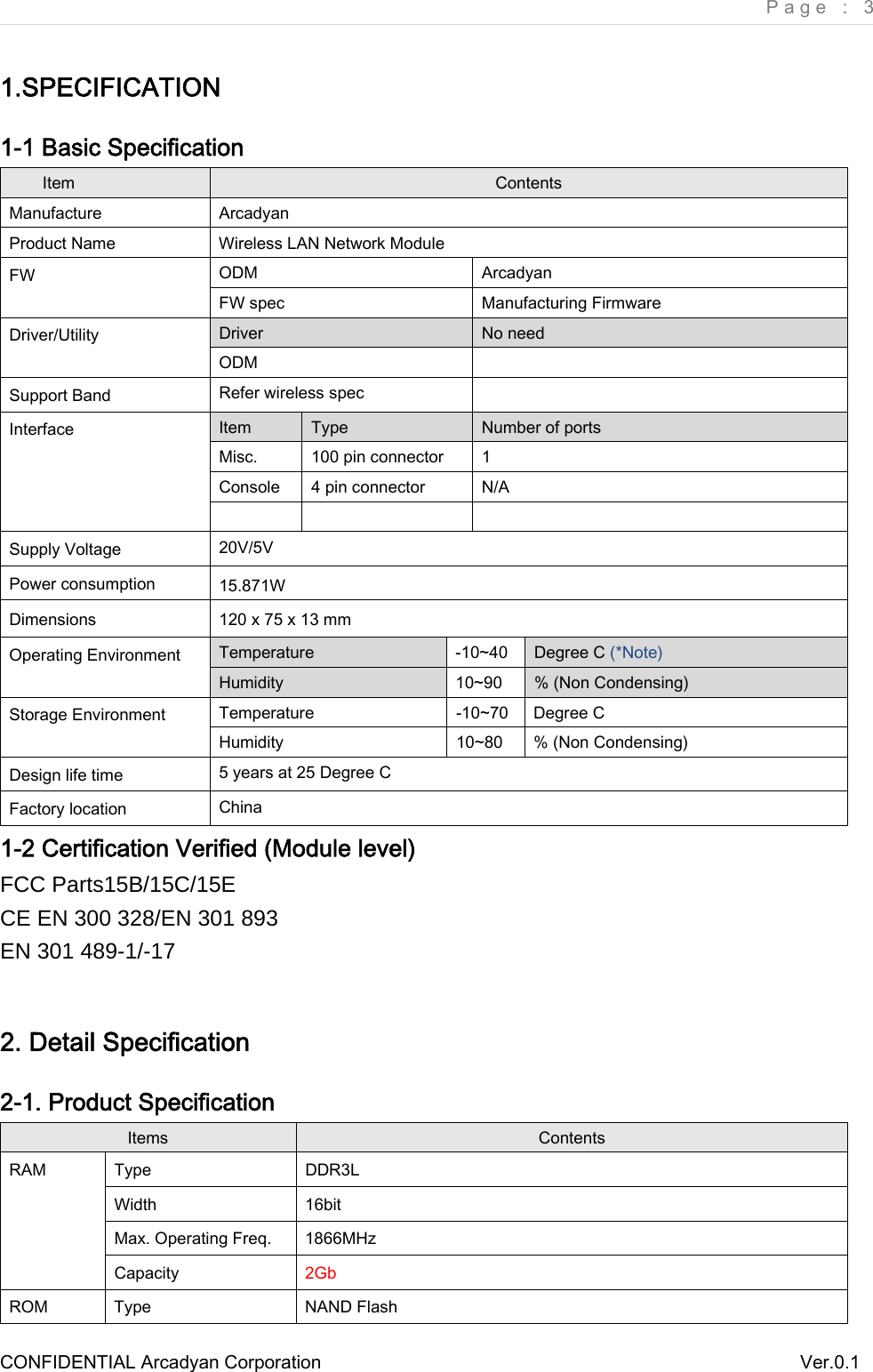     Page : 3 CONFIDENTIAL Arcadyan Corporation          Ver.0.1 1.SPECIFICATION 1-1 Basic Specification Item  Contents Manufacture  Arcadyan Product Name  Wireless LAN Network Module FW  ODM  Arcadyan FW spec  Manufacturing Firmware Driver/Utility  Driver  No need ODM   Support Band  Refer wireless spec   Interface  Item  Type  Number of ports Misc.  100 pin connector  1 Console  4 pin connector  N/A     Supply Voltage  20V/5V Power consumption  15.871W Dimensions  120 x 75 x 13 mm Operating Environment  Temperature  -10~40  Degree C (*Note) Humidity  10~90  % (Non Condensing) Storage Environment  Temperature  -10~70  Degree C Humidity  10~80  % (Non Condensing) Design life time  5 years at 25 Degree C Factory location  China 1-2 Certification Verified (Module level) FCC Parts15B/15C/15E   CE EN 300 328/EN 301 893 EN 301 489-1/-17  2. Detail Specification 2-1. Product Specification Items  Contents RAM   Type  DDR3L Width  16bit Max. Operating Freq.  1866MHz Capacity  2Gb ROM  Type  NAND Flash 