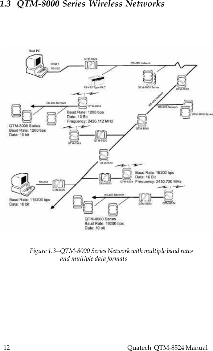 12    Quatech  QTM-8524 Manual1.3  QTM-8000 Series Wireless NetworksFigure 1.3--QTM-8000 Series Network with multiple baud rates                                and multiple data formats