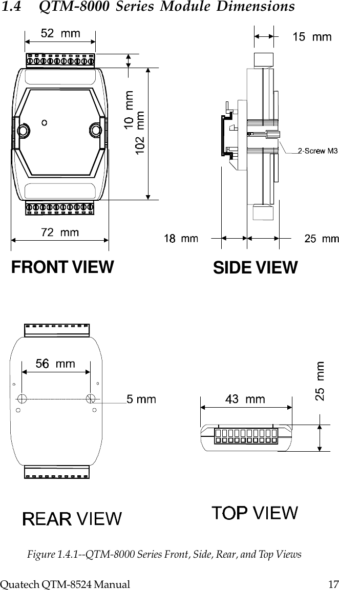 Quatech QTM-8524 Manual          171.4 QTM-8000 Series Module DimensionsFigure 1.4.1--QTM-8000 Series Front, Side, Rear, and Top ViewsFRONT VIEW SIDE VIEW