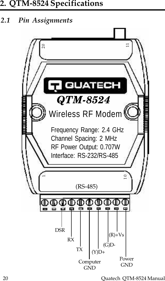 20    Quatech  QTM-8524 Manual2.  QTM-8524 Specifications2.1 Pin AssignmentsQTM-8524Wireless RF ModemFrequency Range: 2.4 GHzChannel Spacing: 2 MHzRF Power Output: 0.707WInterface: RS-232/RS-4851120110(RS-485)DSRRXTXComputerGND(Y)D+(G)D-(R)+VsPowerGND