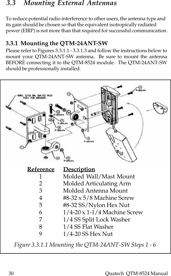 30    Quatech  QTM-8524 Manual3.3 Mounting External AntennasTo reduce potential radio interference to other users, the antenna type andits gain should be chosen so that the equivalent isotropically radiatedpower (EIRP) is not more than that required for successful communication.3.3.1  Mounting the QTM-24ANT-SWPlease refer to Figures 3.3.1.1 - 3.3.1.3 and follow the instructions below tomount your QTM-24ANT-SW antenna.  Be sure to mount the antennaBEFORE connecting it to the QTM-8524 module.  The QTM-24ANT-SWshould be professionally installed.Reference Description        1 Molded Wall/Mast Mount        2 Molded Articulating Arm        3 Molded Antenna Mount        4 #8-32 x 5/8 Machine Screw        5 #8-32 SS/Nylon Hex Nut        6 1/4-20 x 1-1/4 Machine Screw        7 1/4 SS Split Lock Washer        8 1/4 SS Flat Washer        9 1/4-20 SS Hex NutFigure 3.3.1.1 Mounting the QTM-24ANT-SW Steps 1 - 6