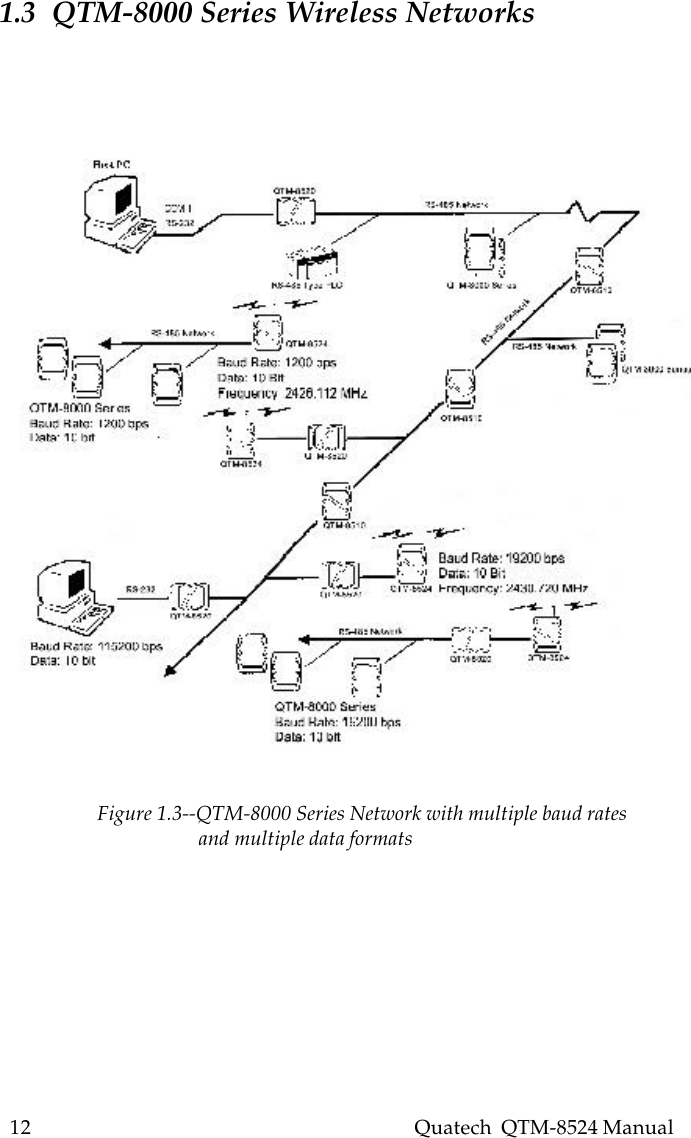 12    Quatech  QTM-8524 Manual1.3  QTM-8000 Series Wireless NetworksFigure 1.3--QTM-8000 Series Network with multiple baud rates                                and multiple data formats