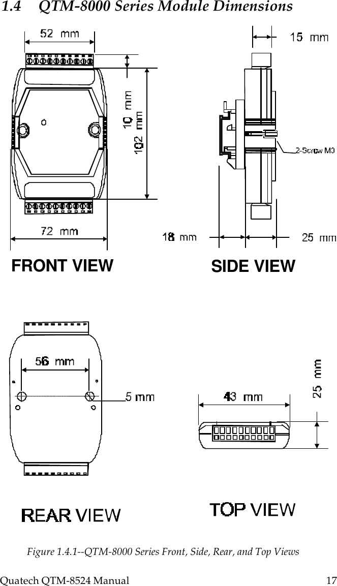Quatech QTM-8524 Manual          171.4 QTM-8000 Series Module DimensionsFigure 1.4.1--QTM-8000 Series Front, Side, Rear, and Top ViewsFRONT VIEW SIDE VIEW