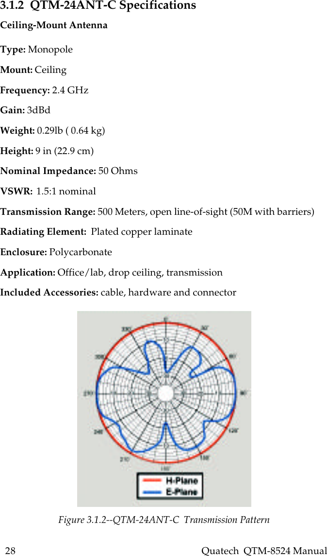 28    Quatech  QTM-8524 Manual3.1.2  QTM-24ANT-C SpecificationsCeiling-Mount AntennaType: MonopoleMount: CeilingFrequency: 2.4 GHzGain: 3dBdWeight: 0.29lb ( 0.64 kg)Height: 9 in (22.9 cm)Nominal Impedance: 50 OhmsVSWR: 1.5:1 nominalTransmission Range: 500 Meters, open line-of-sight (50M with barriers)Radiating Element:  Plated copper laminateEnclosure: PolycarbonateApplication: Office/lab, drop ceiling, transmissionIncluded Accessories: cable, hardware and connectorFigure 3.1.2--QTM-24ANT-C  Transmission Pattern