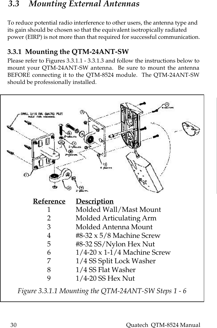 30    Quatech  QTM-8524 Manual3.3 Mounting External AntennasTo reduce potential radio interference to other users, the antenna type andits gain should be chosen so that the equivalent isotropically radiatedpower (EIRP) is not more than that required for successful communication.3.3.1  Mounting the QTM-24ANT-SWPlease refer to Figures 3.3.1.1 - 3.3.1.3 and follow the instructions below tomount your QTM-24ANT-SW antenna.  Be sure to mount the antennaBEFORE connecting it to the QTM-8524 module.  The QTM-24ANT-SWshould be professionally installed.Reference Description        1 Molded Wall/Mast Mount        2 Molded Articulating Arm        3 Molded Antenna Mount        4 #8-32 x 5/8 Machine Screw        5 #8-32 SS/Nylon Hex Nut        6 1/4-20 x 1-1/4 Machine Screw        7 1/4 SS Split Lock Washer        8 1/4 SS Flat Washer        9 1/4-20 SS Hex NutFigure 3.3.1.1 Mounting the QTM-24ANT-SW Steps 1 - 6