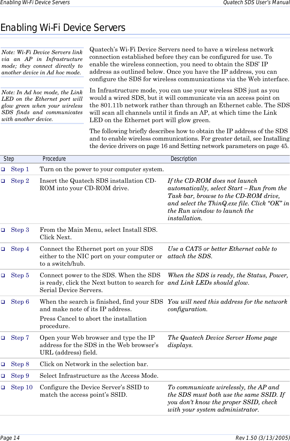 Enabling Wi-Fi Device Servers    Quatech SDS User’s Manual Page 14      Rev 1.50 (3/13/2005)  Enabling Wi-Fi Device Servers Quatech’s Wi-Fi Device Servers need to have a wireless network connection established before they can be configured for use. To enable the wireless connection, you need to obtain the SDS’ IP address as outlined below. Once you have the IP address, you can configure the SDS for wireless communications via the Web interface.  In Infrastructure mode, you can use your wireless SDS just as you would a wired SDS, but it will communicate via an access point on the 801.11b network rather than through an Ethernet cable. The SDS will scan all channels until it finds an AP, at which time the Link LED on the Ethernet port will glow green. The following briefly describes how to obtain the IP address of the SDS and to enable wireless communications. For greater detail, see Installing the device drivers on page 16 and Setting network parameters on page 45. Step  Procedure  Description #  Step 1  Turn on the power to your computer system.   #  Step 2  Insert the Quatech SDS installation CD-ROM into your CD-ROM drive. If the CD-ROM does not launch automatically, select Start – Run from the Task bar, browse to the CD-ROM drive,  and select the ThinQ.exe file. Click “OK” in the Run window to launch the installation. #  Step 3  From the Main Menu, select Install SDS. Click Next.  #  Step 4  Connect the Ethernet port on your SDS either to the NIC port on your computer or to a switch/hub. Use a CAT5 or better Ethernet cable to attach the SDS. #  Step 5  Connect power to the SDS. When the SDS  is ready, click the Next button to search for Serial Device Servers. When the SDS is ready, the Status, Power, and Link LEDs should glow. #  Step 6  When the search is finished, find your SDS and make note of its IP address.  Press Cancel to abort the installation procedure. You will need this address for the network configuration. #  Step 7  Open your Web browser and type the IP address for the SDS in the Web browser’s URL (address) field. The Quatech Device Server Home page displays. #  Step 8  Click on Network in the selection bar.   #  Step 9  Select Infrastructure as the Access Mode.   #  Step 10  Configure the Device Server’s SSID to match the access point’s SSID. To communicate wirelessly, the AP and the SDS must both use the same SSID. If you don’t know the proper SSID, check with your system administrator. Note: Wi-Fi Device Servers link via an AP in Infrastructure mode; they connect directly to another device in Ad hoc mode.   Note: In Ad hoc mode, the Link LED on the Ethernet port will glow green when your wireless SDS finds and communicates with another device.  