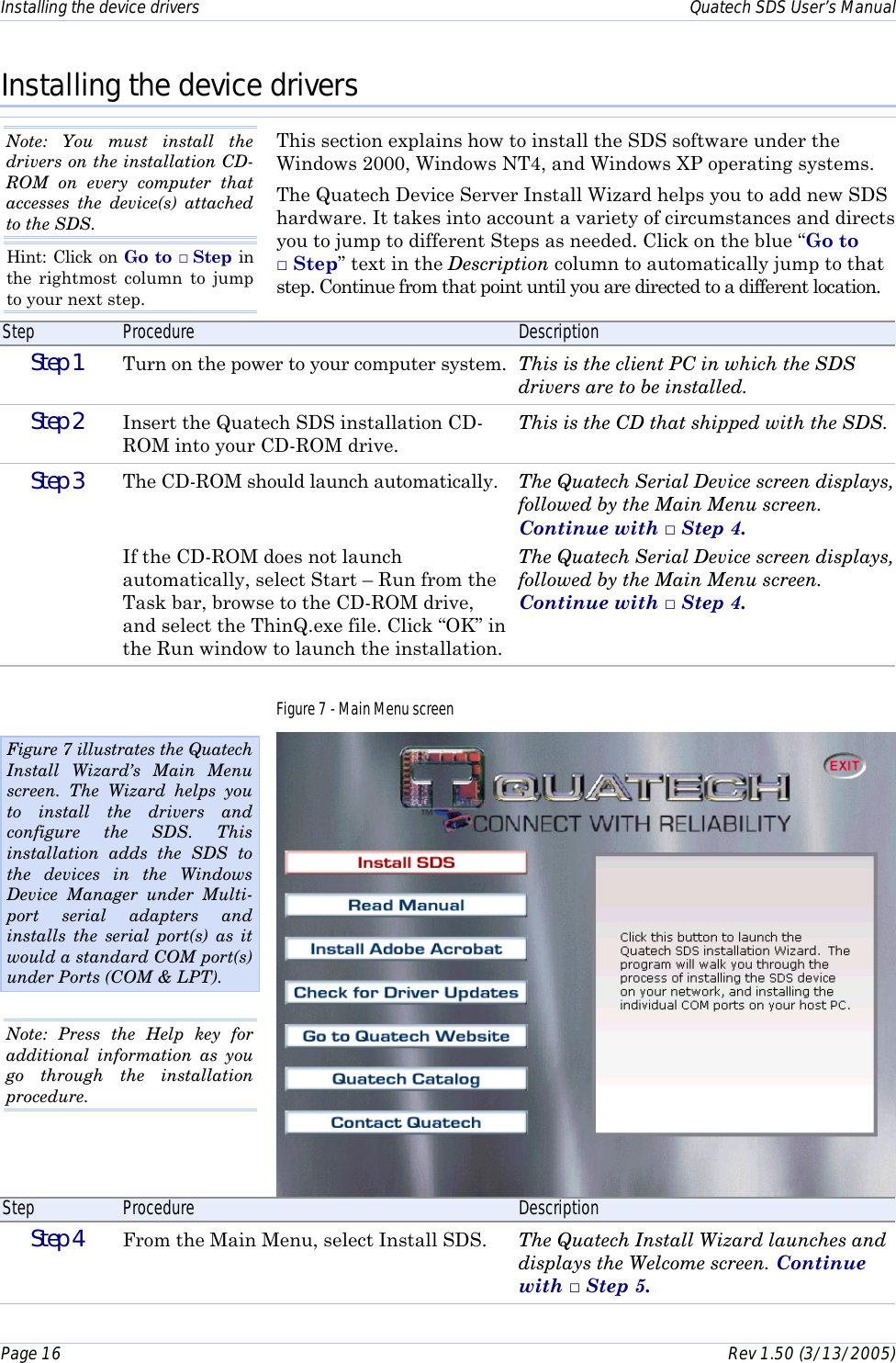 Installing the device drivers    Quatech SDS User’s Manual Page 16      Rev 1.50 (3/13/2005)  Installing the device drivers This section explains how to install the SDS software under the Windows 2000, Windows NT4, and Windows XP operating systems.  The Quatech Device Server Install Wizard helps you to add new SDS hardware. It takes into account a variety of circumstances and directs you to jump to different Steps as needed. Click on the blue “Go to □ Step” text in the Description column to automatically jump to that step. Continue from that point until you are directed to a different location. Step  Procedure  Description  Step 1   Turn on the power to your computer system.  This is the client PC in which the SDS drivers are to be installed.  Step 2   Insert the Quatech SDS installation CD-ROM into your CD-ROM drive. This is the CD that shipped with the SDS.  Step 3   The CD-ROM should launch automatically.   If the CD-ROM does not launch automatically, select Start – Run from the Task bar, browse to the CD-ROM drive,  and select the ThinQ.exe file. Click “OK” in the Run window to launch the installation.  The Quatech Serial Device screen displays, followed by the Main Menu screen. Continue with □ Step 4. The Quatech Serial Device screen displays, followed by the Main Menu screen. Continue with □ Step 4. Figure 7 - Main Menu screen  Step  Procedure  Description  Step 4   From the Main Menu, select Install SDS.  The Quatech Install Wizard launches and displays the Welcome screen. Continue with □ Step 5. Note: You must install the drivers on the installation CD-ROM on every computer that accesses the device(s) attached to the SDS. Hint: Click on Go to □ Step in the rightmost column to jump to your next step. Figure 7 illustrates the Quatech Install Wizard’s Main Menu screen. The Wizard helps you to install the drivers and configure the SDS. This installation adds the SDS to the devices in the Windows Device Manager under Multi-port serial adapters and installs the serial port(s) as it would a standard COM port(s) under Ports (COM &amp; LPT). Note: Press the Help key for additional information as you go through the installation procedure. 