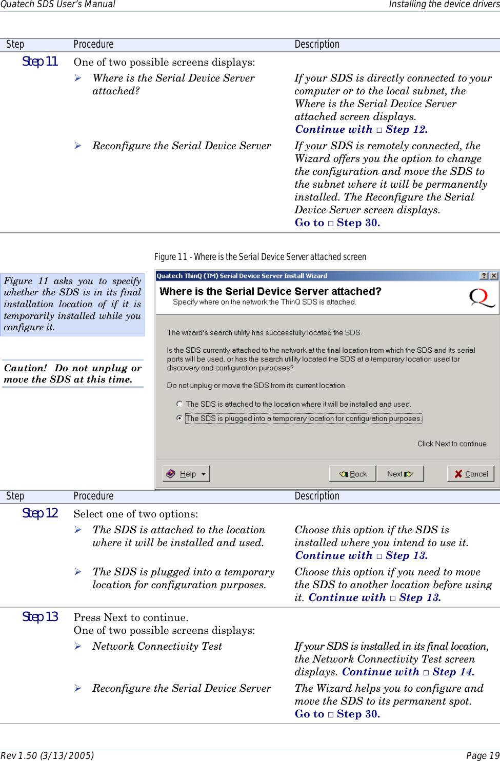 Quatech SDS User’s Manual    Installing the device drivers Rev 1.50 (3/13/2005)    Page 19  Step  Procedure  Description  Step 11   One of two possible screens displays: ! Where is the Serial Device Server attached?    ! Reconfigure the Serial Device Server  If your SDS is directly connected to your computer or to the local subnet, the Where is the Serial Device Server attached screen displays. Continue with □ Step 12. If your SDS is remotely connected, the Wizard offers you the option to change the configuration and move the SDS to the subnet where it will be permanently installed. The Reconfigure the Serial Device Server screen displays. Go to □ Step 30. Figure 11 - Where is the Serial Device Server attached screen  Step  Procedure  Description  Step 12   Select one of two options: ! The SDS is attached to the location where it will be installed and used.  ! The SDS is plugged into a temporary location for configuration purposes.  Choose this option if the SDS is installed where you intend to use it. Continue with □ Step 13. Choose this option if you need to move the SDS to another location before using it. Continue with □ Step 13.  Step 13   Press Next to continue.  One of two possible screens displays: ! Network Connectivity Test   ! Reconfigure the Serial Device Server    If your SDS is installed in its final location, the Network Connectivity Test screen displays. Continue with □ Step 14. The Wizard helps you to configure and move the SDS to its permanent spot.  Go to □ Step 30. Figure 11 asks you to specify whether the SDS is in its final installation location of if it is temporarily installed while you configure it. Caution!  Do not unplug or move the SDS at this time.   