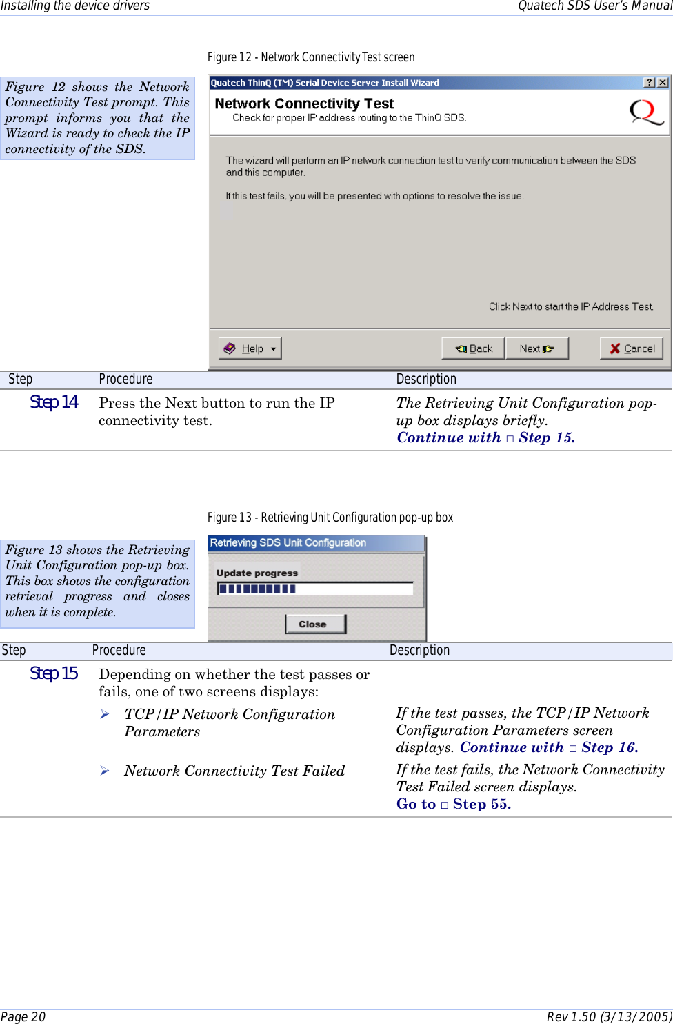Installing the device drivers    Quatech SDS User’s Manual Page 20      Rev 1.50 (3/13/2005)  Figure 12 - Network Connectivity Test screen  Step  Procedure  Description  Step 14   Press the Next button to run the IP connectivity test. The Retrieving Unit Configuration pop-up box displays briefly.  Continue with □ Step 15. Figure 13 - Retrieving Unit Configuration pop-up box   Step  Procedure  Description  Step 15   Depending on whether the test passes or fails, one of two screens displays: ! TCP/IP Network Configuration Parameters  ! Network Connectivity Test Failed   If the test passes, the TCP/IP Network Configuration Parameters screen displays. Continue with □ Step 16. If the test fails, the Network Connectivity Test Failed screen displays.  Go to □ Step 55. Figure 13 shows the Retrieving Unit Configuration pop-up box. This box shows the configuration retrieval progress and closes when it is complete.  Figure 12 shows the Network Connectivity Test prompt. This prompt informs you that the Wizard is ready to check the IP connectivity of the SDS. 