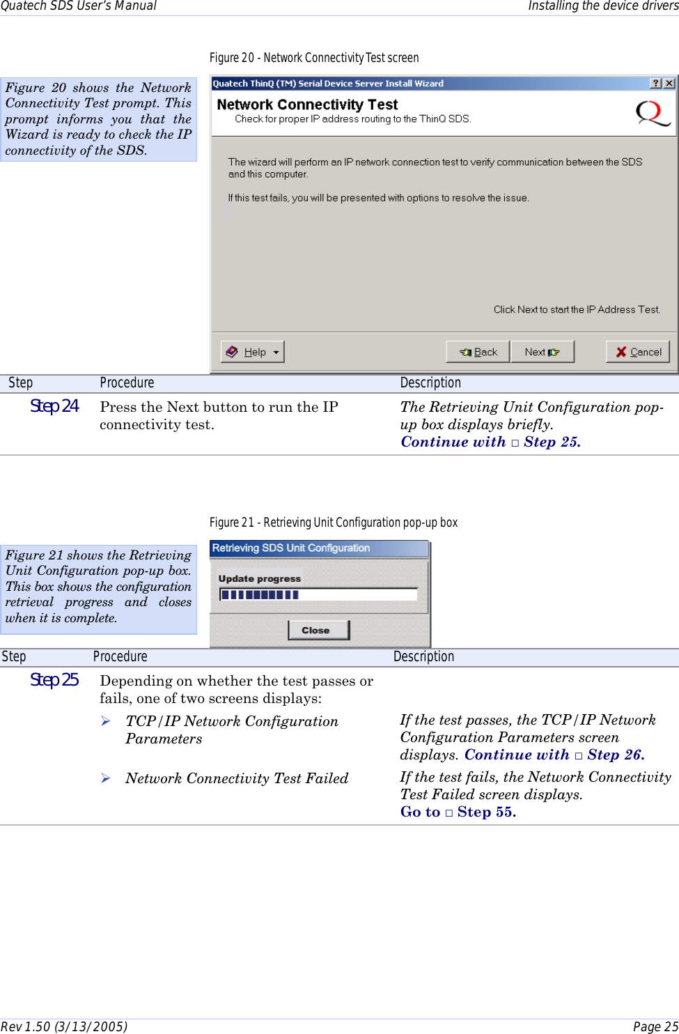Quatech SDS User’s Manual    Installing the device drivers Rev 1.50 (3/13/2005)    Page 25  Figure 20 - Network Connectivity Test screen  Step  Procedure  Description  Step 24   Press the Next button to run the IP connectivity test. The Retrieving Unit Configuration pop-up box displays briefly. Continue with □ Step 25. Figure 21 - Retrieving Unit Configuration pop-up box   Step  Procedure  Description  Step 25   Depending on whether the test passes or fails, one of two screens displays: ! TCP/IP Network Configuration Parameters  ! Network Connectivity Test Failed   If the test passes, the TCP/IP Network Configuration Parameters screen displays. Continue with □ Step 26. If the test fails, the Network Connectivity Test Failed screen displays.  Go to □ Step 55. Figure 21 shows the Retrieving Unit Configuration pop-up box. This box shows the configuration retrieval progress and closes when it is complete.  Figure 20 shows the Network Connectivity Test prompt. This prompt informs you that the Wizard is ready to check the IP connectivity of the SDS. 