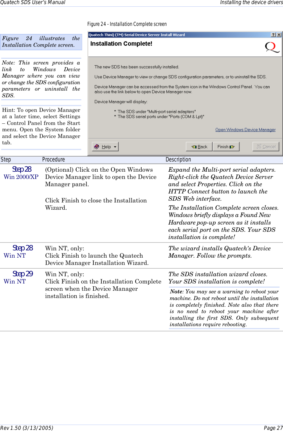 Quatech SDS User’s Manual    Installing the device drivers Rev 1.50 (3/13/2005)    Page 27  Figure 24 - Installation Complete screen   Step  Procedure  Description  Step 28   Win 2000/XP (Optional) Click on the Open Windows Device Manager link to open the Device Manager panel.  Click Finish to close the Installation Wizard. Expand the Multi-port serial adapters. Right-click the Quatech Device Server and select Properties. Click on the HTTP Connect button to launch the SDS Web interface. The Installation Complete screen closes. Windows briefly displays a Found New Hardware pop-up screen as it installs each serial port on the SDS. Your SDS installation is complete!  Step 28   Win NT Win NT, only:  Click Finish to launch the Quatech Device Manager Installation Wizard. The wizard installs Quatech’s Device Manager. Follow the prompts.   Step 29   Win NT Win NT, only:  Click Finish on the Installation Complete screen when the Device Manager installation is finished.  The SDS installation wizard closes. Your SDS installation is complete! Note: You may see a warning to reboot your machine. Do not reboot until the installation is completely finished. Note also that there is no need to reboot your machine after installing the first SDS. Only subsequent installations require rebooting.   Figure 24 illustrates the Installation Complete screen.  Note: This screen provides a link to Windows Device Manager where you can view or change the SDS configuration parameters or uninstall the SDS.  Hint: To open Device Manager at a later time, select Settings – Control Panel from the Start menu. Open the System folder and select the Device Manager tab. 