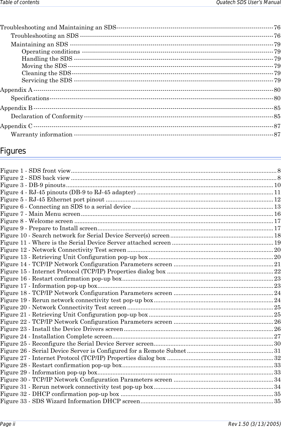 Table of contents    Quatech SDS User’s Manual Page ii      Rev 1.50 (3/13/2005)  Troubleshooting and Maintaining an SDS------------------------------------------------------------------------------76 Troubleshooting an SDS ------------------------------------------------------------------------------------------------76 Maintaining an SDS -----------------------------------------------------------------------------------------------------79 Operating conditions -----------------------------------------------------------------------------------------------79 Handling the SDS ---------------------------------------------------------------------------------------------------79 Moving the SDS------------------------------------------------------------------------------------------------------79 Cleaning the SDS----------------------------------------------------------------------------------------------------79 Servicing the SDS ---------------------------------------------------------------------------------------------------79 Appendix A -----------------------------------------------------------------------------------------------------------------------80 Specifications---------------------------------------------------------------------------------------------------------------80 Appendix B -----------------------------------------------------------------------------------------------------------------------85 Declaration of Conformity ----------------------------------------------------------------------------------------------85 Appendix C -----------------------------------------------------------------------------------------------------------------------87 Warranty information ---------------------------------------------------------------------------------------------------87 Figures Figure 1 - SDS front view............................................................................................................................ 8 Figure 2 - SDS back view ............................................................................................................................ 8 Figure 3 - DB-9 pinouts.............................................................................................................................10 Figure 4 - RJ-45 pinouts (DB-9 to RJ-45 adapter) ..................................................................................11 Figure 5 - RJ-45 Ethernet port pinout .....................................................................................................12 Figure 6 - Connecting an SDS to a serial device .....................................................................................13 Figure 7 - Main Menu screen.................................................................................................................... 16 Figure 8 - Welcome screen ........................................................................................................................17 Figure 9 - Prepare to Install screen.......................................................................................................... 17 Figure 10 - Search network for Serial Device Server(s) screen .............................................................. 18 Figure 11 - Where is the Serial Device Server attached screen ............................................................. 19 Figure 12 - Network Connectivity Test screen ........................................................................................20 Figure 13 - Retrieving Unit Configuration pop-up box ...........................................................................20 Figure 14 - TCP/IP Network Configuration Parameters screen ............................................................ 21 Figure 15 - Internet Protocol (TCP/IP) Properties dialog box ................................................................22 Figure 16 - Restart confirmation pop-up box...........................................................................................23 Figure 17 - Information pop-up box..........................................................................................................23 Figure 18 - TCP/IP Network Configuration Parameters screen ............................................................ 24 Figure 19 - Rerun network connectivity test pop-up box........................................................................24 Figure 20 - Network Connectivity Test screen ........................................................................................25 Figure 21 - Retrieving Unit Configuration pop-up box ...........................................................................25 Figure 22 - TCP/IP Network Configuration Parameters screen ............................................................ 26 Figure 23 - Install the Device Drivers screen ..........................................................................................26 Figure 24 - Installation Complete screen.................................................................................................27 Figure 25 - Reconfigure the Serial Device Server screen........................................................................30 Figure 26 - Serial Device Server is Configured for a Remote Subnet ....................................................31 Figure 27 - Internet Protocol (TCP/IP) Properties dialog box ................................................................32 Figure 28 - Restart confirmation pop-up box...........................................................................................33 Figure 29 - Information pop-up box..........................................................................................................33 Figure 30 - TCP/IP Network Configuration Parameters screen ............................................................ 34 Figure 31 - Rerun network connectivity test pop-up box........................................................................34 Figure 32 - DHCP confirmation pop-up box ............................................................................................35 Figure 33 - SDS Wizard Information DHCP screen................................................................................ 35 