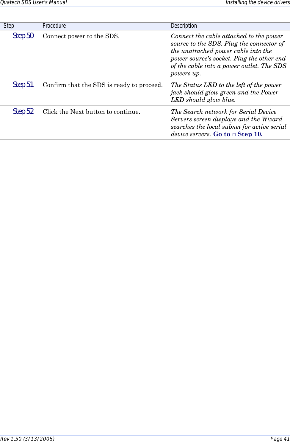 Quatech SDS User’s Manual    Installing the device drivers Rev 1.50 (3/13/2005)    Page 41  Step  Procedure  Description  Step 50   Connect power to the SDS.  Connect the cable attached to the power source to the SDS. Plug the connector of the unattached power cable into the power source’s socket. Plug the other end of the cable into a power outlet. The SDS powers up.   Step 51   Confirm that the SDS is ready to proceed.  The Status LED to the left of the power jack should glow green and the Power LED should glow blue.   Step 52   Click the Next button to continue.  The Search network for Serial Device Servers screen displays and the Wizard searches the local subnet for active serial device servers. Go to □ Step 10.  