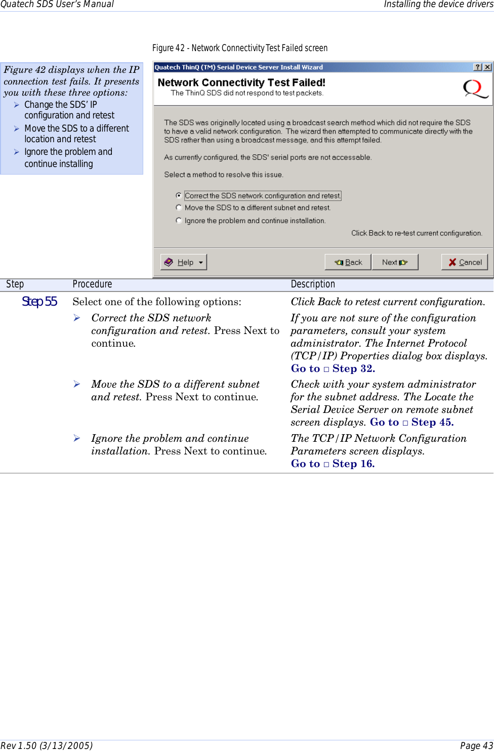 Quatech SDS User’s Manual    Installing the device drivers Rev 1.50 (3/13/2005)    Page 43  Figure 42 - Network Connectivity Test Failed screen  Step  Procedure  Description  Step 55   Select one of the following options:  ! Correct the SDS network configuration and retest. Press Next to continue.   ! Move the SDS to a different subnet and retest. Press Next to continue.   ! Ignore the problem and continue installation. Press Next to continue. Click Back to retest current configuration. If you are not sure of the configuration parameters, consult your system administrator. The Internet Protocol (TCP/IP) Properties dialog box displays.  Go to □ Step 32. Check with your system administrator for the subnet address. The Locate the Serial Device Server on remote subnet screen displays. Go to □ Step 45. The TCP/IP Network Configuration Parameters screen displays.  Go to □ Step 16.  Figure 42 displays when the IP connection test fails. It presents you with these three options: ! Change the SDS’ IP configuration and retest ! Move the SDS to a different location and retest ! Ignore the problem and continue installing 