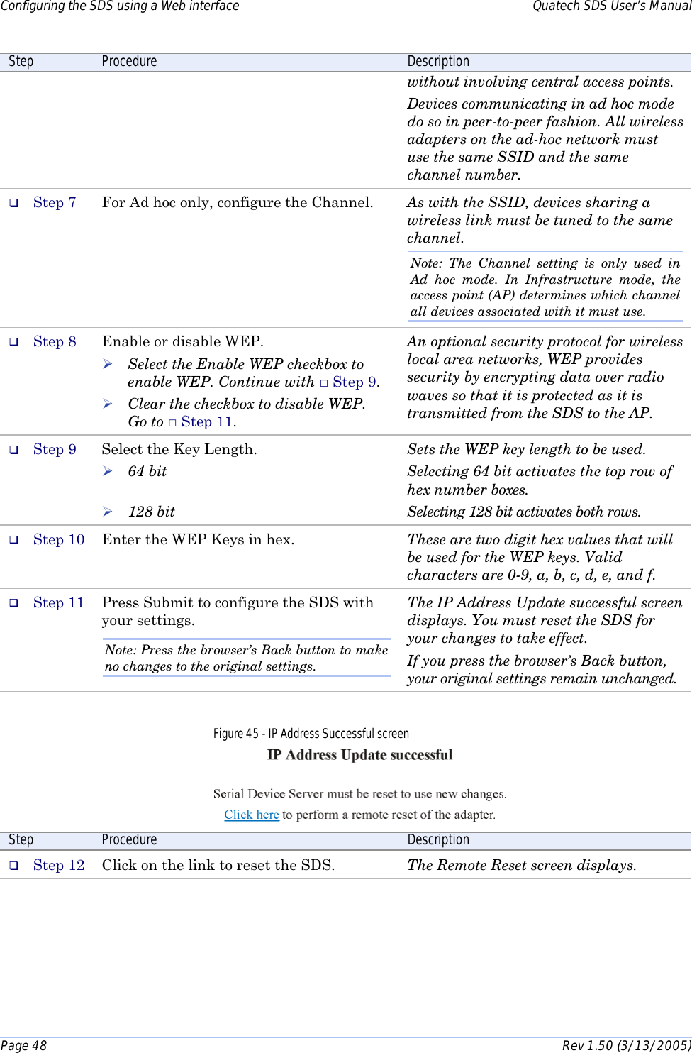 Configuring the SDS using a Web interface    Quatech SDS User’s Manual Page 48      Rev 1.50 (3/13/2005)  Step  Procedure  Description without involving central access points.  Devices communicating in ad hoc mode do so in peer-to-peer fashion. All wireless adapters on the ad-hoc network must use the same SSID and the same channel number. #  Step 7  For Ad hoc only, configure the Channel.  As with the SSID, devices sharing a wireless link must be tuned to the same channel.  Note: The Channel setting is only used in Ad hoc mode. In Infrastructure mode, the access point (AP) determines which channel all devices associated with it must use. #  Step 8  Enable or disable WEP.  ! Select the Enable WEP checkbox to enable WEP. Continue with □ Step 9. ! Clear the checkbox to disable WEP.  Go to □ Step 11. An optional security protocol for wireless local area networks, WEP provides security by encrypting data over radio waves so that it is protected as it is transmitted from the SDS to the AP. #  Step 9  Select the Key Length.  ! 64 bit  ! 128 bit Sets the WEP key length to be used.  Selecting 64 bit activates the top row of hex number boxes.  Selecting 128 bit activates both rows. #  Step 10  Enter the WEP Keys in hex.   These are two digit hex values that will be used for the WEP keys. Valid characters are 0-9, a, b, c, d, e, and f. #  Step 11  Press Submit to configure the SDS with your settings. Note: Press the browser’s Back button to make no changes to the original settings.  The IP Address Update successful screen displays. You must reset the SDS for your changes to take effect. If you press the browser’s Back button, your original settings remain unchanged. Figure 45 - IP Address Successful screen  Step  Procedure  Description #  Step 12  Click on the link to reset the SDS.  The Remote Reset screen displays.  