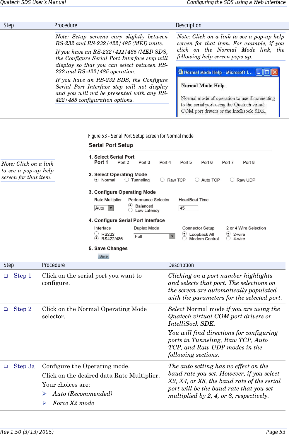 Quatech SDS User’s Manual    Configuring the SDS using a Web interface Rev 1.50 (3/13/2005)    Page 53  Step  Procedure  Description Note: Setup screens vary slightly between  RS-232 and RS-232/422/485 (MEI) units.  If you have an RS-232/422/485 (MEI) SDS, the Configure Serial Port Interface step will display so that you can select between RS-232 and RS-422/485 operation.  If you have an RS-232 SDS, the Configure Serial Port Interface step will not display and you will not be presented with any RS-422/485 configuration options. Note: Click on a link to see a pop-up help screen for that item. For example, if you click on the Normal Mode link, the following help screen pops up.   Figure 53 - Serial Port Setup screen for Normal mode   Step  Procedure  Description #  Step 1  Click on the serial port you want to configure. Clicking on a port number highlights and selects that port. The selections on the screen are automatically populated with the parameters for the selected port. #  Step 2  Click on the Normal Operating Mode selector. Select Normal mode if you are using the Quatech virtual COM port drivers or IntelliSock SDK. You will find directions for configuring ports in Tunneling, Raw TCP, Auto TCP, and Raw UDP modes in the following sections. #  Step 3a  Configure the Operating mode. Click on the desired data Rate Multiplier. Your choices are: ! Auto (Recommended) ! Force X2 mode The auto setting has no effect on the baud rate you set. However, if you select X2, X4, or X8, the baud rate of the serial port will be the baud rate that you set multiplied by 2, 4, or 8, respectively.  Note: Click on a link to see a pop-up help screen for that item.  