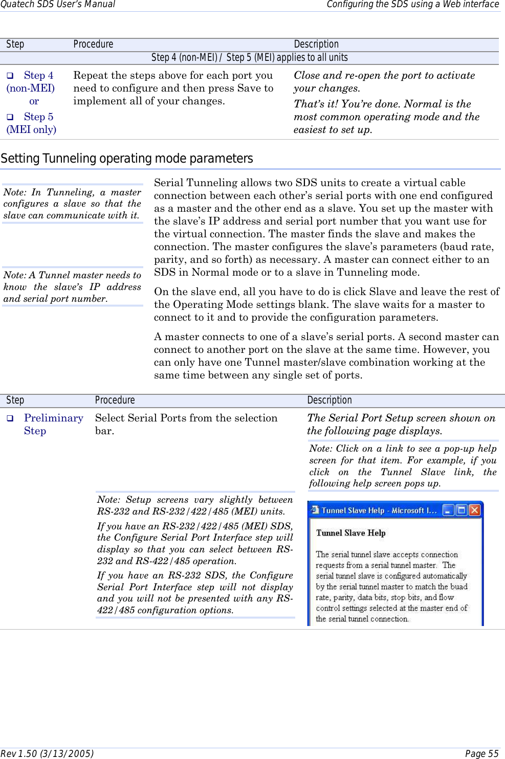 Quatech SDS User’s Manual    Configuring the SDS using a Web interface Rev 1.50 (3/13/2005)    Page 55  Step  Procedure  Description Step 4 (non-MEI) / Step 5 (MEI) applies to all units #  Step 4 (non-MEI) or #  Step 5 (MEI only) Repeat the steps above for each port you need to configure and then press Save to implement all of your changes. Close and re-open the port to activate your changes. That’s it! You’re done. Normal is the most common operating mode and the easiest to set up. Setting Tunneling operating mode parameters Serial Tunneling allows two SDS units to create a virtual cable connection between each other’s serial ports with one end configured as a master and the other end as a slave. You set up the master with the slave’s IP address and serial port number that you want use for the virtual connection. The master finds the slave and makes the connection. The master configures the slave’s parameters (baud rate, parity, and so forth) as necessary. A master can connect either to an SDS in Normal mode or to a slave in Tunneling mode. On the slave end, all you have to do is click Slave and leave the rest of the Operating Mode settings blank. The slave waits for a master to connect to it and to provide the configuration parameters.  A master connects to one of a slave’s serial ports. A second master can connect to another port on the slave at the same time. However, you can only have one Tunnel master/slave combination working at the same time between any single set of ports.   Step  Procedure  Description #  Preliminary Step Select Serial Ports from the selection bar.    Note: Setup screens vary slightly between  RS-232 and RS-232/422/485 (MEI) units.  If you have an RS-232/422/485 (MEI) SDS, the Configure Serial Port Interface step will display so that you can select between RS-232 and RS-422/485 operation.  If you have an RS-232 SDS, the Configure Serial Port Interface step will not display and you will not be presented with any RS-422/485 configuration options. The Serial Port Setup screen shown on the following page displays.  Note: Click on a link to see a pop-up help screen for that item. For example, if you click on the Tunnel Slave link, the following help screen pops up.    Note: In Tunneling, a master configures a slave so that the slave can communicate with it.  Note: A Tunnel master needs to know the slave’s IP address and serial port number.  