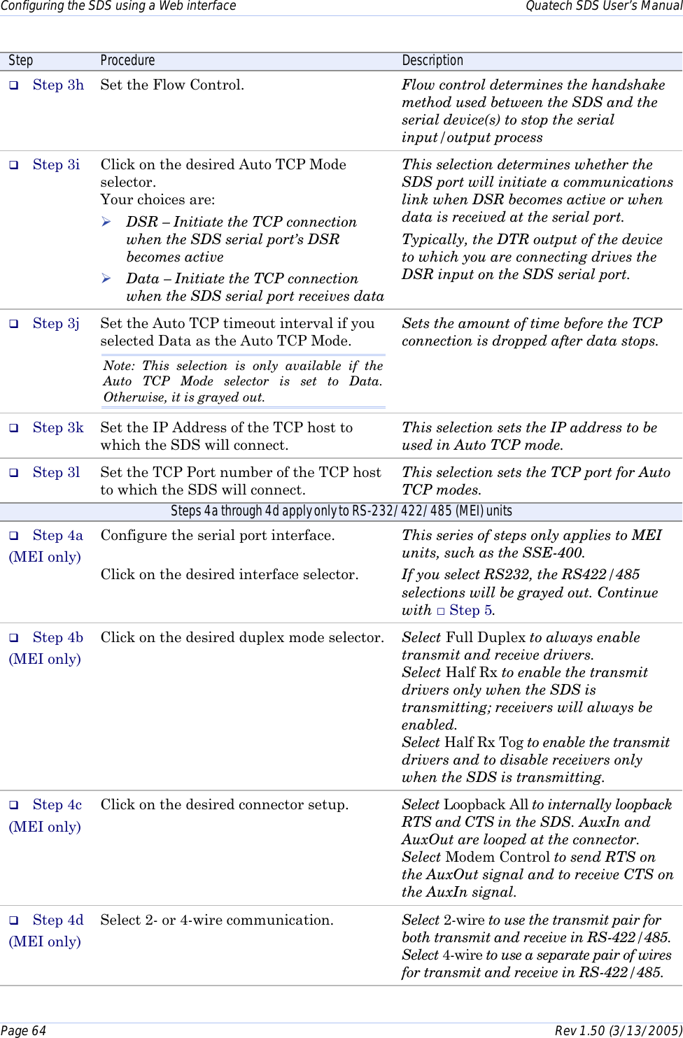 Configuring the SDS using a Web interface    Quatech SDS User’s Manual Page 64      Rev 1.50 (3/13/2005)  Step  Procedure  Description #  Step 3h  Set the Flow Control.   Flow control determines the handshake method used between the SDS and the serial device(s) to stop the serial input/output process  #  Step 3i  Click on the desired Auto TCP Mode selector.  Your choices are: ! DSR – Initiate the TCP connection when the SDS serial port’s DSR becomes active ! Data – Initiate the TCP connection when the SDS serial port receives data This selection determines whether the SDS port will initiate a communications link when DSR becomes active or when data is received at the serial port. Typically, the DTR output of the device to which you are connecting drives the DSR input on the SDS serial port. #  Step 3j  Set the Auto TCP timeout interval if you selected Data as the Auto TCP Mode. Note: This selection is only available if the Auto TCP Mode selector is set to Data. Otherwise, it is grayed out. Sets the amount of time before the TCP connection is dropped after data stops. #  Step 3k  Set the IP Address of the TCP host to which the SDS will connect.  This selection sets the IP address to be used in Auto TCP mode. #  Step 3l  Set the TCP Port number of the TCP host to which the SDS will connect.  This selection sets the TCP port for Auto TCP modes. Steps 4a through 4d apply only to RS-232/422/485 (MEI) units #  Step 4a (MEI only) Configure the serial port interface.  Click on the desired interface selector. This series of steps only applies to MEI units, such as the SSE-400. If you select RS232, the RS422/485 selections will be grayed out. Continue with □ Step 5. #  Step 4b (MEI only) Click on the desired duplex mode selector.   Select Full Duplex to always enable transmit and receive drivers.  Select Half Rx to enable the transmit drivers only when the SDS is transmitting; receivers will always be enabled.  Select Half Rx Tog to enable the transmit drivers and to disable receivers only when the SDS is transmitting.  #  Step 4c (MEI only) Click on the desired connector setup.   Select Loopback All to internally loopback RTS and CTS in the SDS. AuxIn and AuxOut are looped at the connector.  Select Modem Control to send RTS on the AuxOut signal and to receive CTS on the AuxIn signal.  #  Step 4d (MEI only) Select 2- or 4-wire communication.   Select 2-wire to use the transmit pair for both transmit and receive in RS-422/485. Select 4-wire to use a separate pair of wires for transmit and receive in RS-422/485. 
