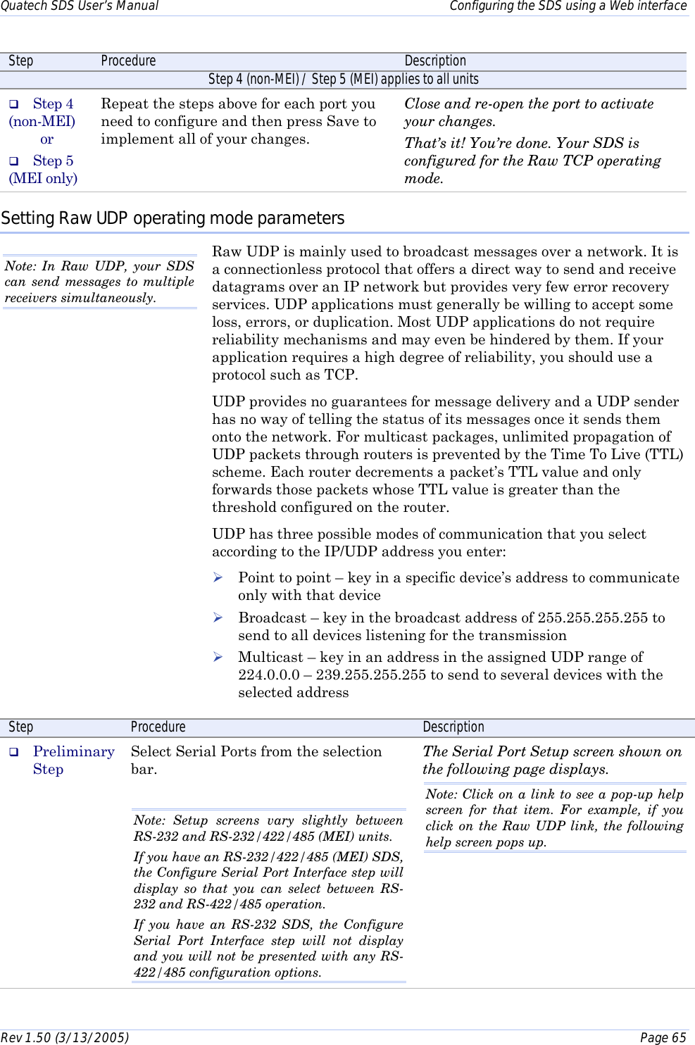 Quatech SDS User’s Manual    Configuring the SDS using a Web interface Rev 1.50 (3/13/2005)    Page 65  Step  Procedure  Description Step 4 (non-MEI) / Step 5 (MEI) applies to all units #  Step 4 (non-MEI) or #  Step 5 (MEI only) Repeat the steps above for each port you need to configure and then press Save to implement all of your changes. Close and re-open the port to activate your changes. That’s it! You’re done. Your SDS is configured for the Raw TCP operating mode. Setting Raw UDP operating mode parameters Raw UDP is mainly used to broadcast messages over a network. It is a connectionless protocol that offers a direct way to send and receive datagrams over an IP network but provides very few error recovery services. UDP applications must generally be willing to accept some loss, errors, or duplication. Most UDP applications do not require reliability mechanisms and may even be hindered by them. If your application requires a high degree of reliability, you should use a protocol such as TCP. UDP provides no guarantees for message delivery and a UDP sender has no way of telling the status of its messages once it sends them onto the network. For multicast packages, unlimited propagation of UDP packets through routers is prevented by the Time To Live (TTL) scheme. Each router decrements a packet’s TTL value and only forwards those packets whose TTL value is greater than the threshold configured on the router.  UDP has three possible modes of communication that you select according to the IP/UDP address you enter: ! Point to point – key in a specific device’s address to communicate only with that device ! Broadcast – key in the broadcast address of 255.255.255.255 to send to all devices listening for the transmission ! Multicast – key in an address in the assigned UDP range of 224.0.0.0 – 239.255.255.255 to send to several devices with the selected address Step  Procedure  Description #  Preliminary Step Select Serial Ports from the selection bar.  Note: Setup screens vary slightly between  RS-232 and RS-232/422/485 (MEI) units.  If you have an RS-232/422/485 (MEI) SDS, the Configure Serial Port Interface step will display so that you can select between RS-232 and RS-422/485 operation.  If you have an RS-232 SDS, the Configure Serial Port Interface step will not display and you will not be presented with any RS-422/485 configuration options. The Serial Port Setup screen shown on the following page displays.  Note: Click on a link to see a pop-up help screen for that item. For example, if you click on the Raw UDP link, the following help screen pops up. Note: In Raw UDP, your SDS can send messages to multiple receivers simultaneously.  