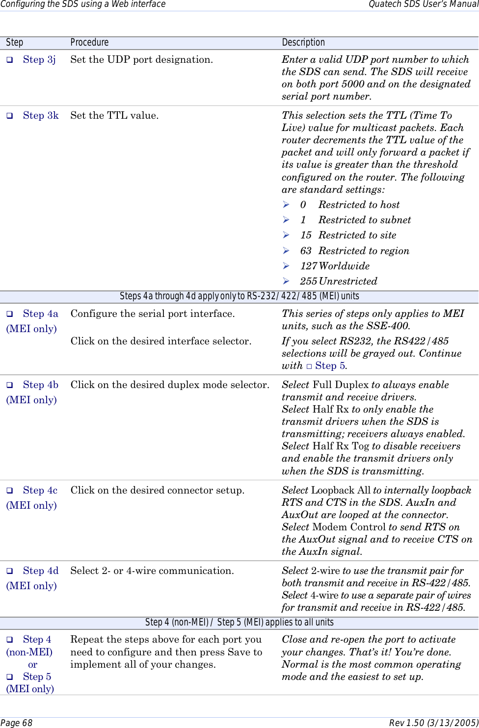 Configuring the SDS using a Web interface    Quatech SDS User’s Manual Page 68      Rev 1.50 (3/13/2005)  Step  Procedure  Description #  Step 3j  Set the UDP port designation.  Enter a valid UDP port number to which the SDS can send. The SDS will receive on both port 5000 and on the designated serial port number. #  Step 3k  Set the TTL value.   This selection sets the TTL (Time To Live) value for multicast packets. Each router decrements the TTL value of the packet and will only forward a packet if its value is greater than the threshold configured on the router. The following are standard settings: ! 0  Restricted to host ! 1  Restricted to subnet ! 15  Restricted to site ! 63  Restricted to region ! 127 Worldwide ! 255 Unrestricted Steps 4a through 4d apply only to RS-232/422/485 (MEI) units #  Step 4a (MEI only) Configure the serial port interface.  Click on the desired interface selector. This series of steps only applies to MEI units, such as the SSE-400. If you select RS232, the RS422/485 selections will be grayed out. Continue with □ Step 5. #  Step 4b (MEI only) Click on the desired duplex mode selector.   Select Full Duplex to always enable transmit and receive drivers.  Select Half Rx to only enable the transmit drivers when the SDS is transmitting; receivers always enabled.  Select Half Rx Tog to disable receivers and enable the transmit drivers only when the SDS is transmitting.  #  Step 4c (MEI only) Click on the desired connector setup.   Select Loopback All to internally loopback RTS and CTS in the SDS. AuxIn and AuxOut are looped at the connector.  Select Modem Control to send RTS on the AuxOut signal and to receive CTS on the AuxIn signal.  #  Step 4d (MEI only) Select 2- or 4-wire communication.   Select 2-wire to use the transmit pair for both transmit and receive in RS-422/485. Select 4-wire to use a separate pair of wires for transmit and receive in RS-422/485. Step 4 (non-MEI) / Step 5 (MEI) applies to all units #  Step 4 (non-MEI) or #  Step 5 (MEI only) Repeat the steps above for each port you need to configure and then press Save to implement all of your changes. Close and re-open the port to activate your changes. That’s it! You’re done. Normal is the most common operating mode and the easiest to set up. 