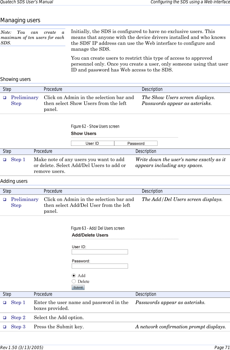 Quatech SDS User’s Manual    Configuring the SDS using a Web interface Rev 1.50 (3/13/2005)    Page 71  Managing users Initially, the SDS is configured to have no exclusive users. This means that anyone with the device drivers installed and who knows the SDS’ IP address can use the Web interface to configure and manage the SDS.  You can create users to restrict this type of access to approved personnel only. Once you create a user, only someone using that user ID and password has Web access to the SDS. Showing users Step  Procedure  Description #  Preliminary Step Click on Admin in the selection bar and then select Show Users from the left panel. The Show Users screen displays. Passwords appear as asterisks. Figure 62 - Show Users screen  Step  Procedure  Description #  Step 1  Make note of any users you want to add or delete. Select Add/Del Users to add or remove users. Write down the user’s name exactly as it appears including any spaces. Adding users Step  Procedure  Description #  Preliminary Step Click on Admin in the selection bar and then select Add/Del User from the left panel. The Add/Del Users screen displays.  Figure 63 - Add/Del Users screen  Step  Procedure  Description #  Step 1  Enter the user name and password in the boxes provided. Passwords appear as asterisks. #  Step 2  Select the Add option.   #  Step 3  Press the Submit key.  A network confirmation prompt displays. Note: You can create a maximum of ten users for each SDS. 