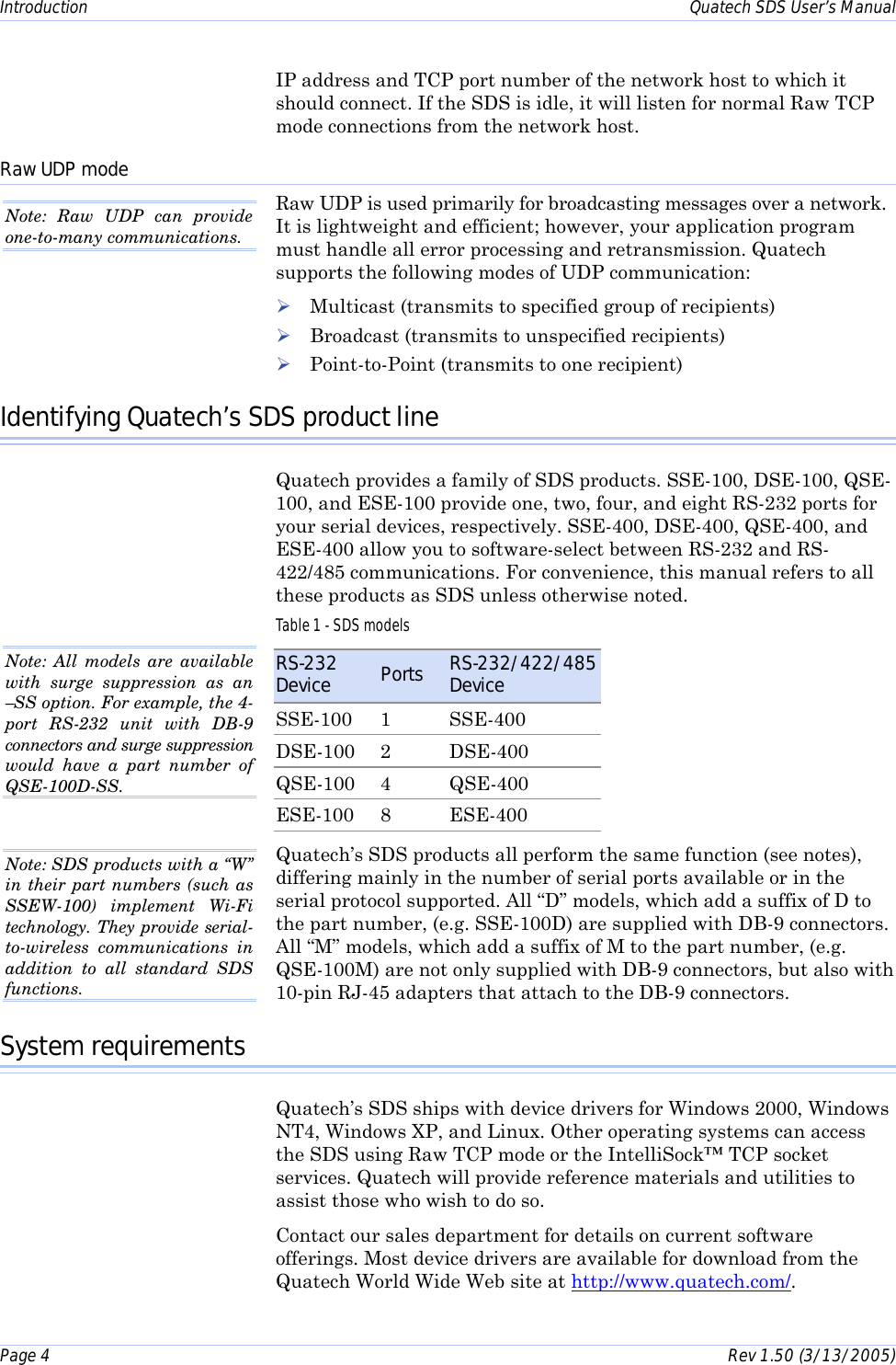 Introduction    Quatech SDS User’s Manual Page 4      Rev 1.50 (3/13/2005)  IP address and TCP port number of the network host to which it should connect. If the SDS is idle, it will listen for normal Raw TCP mode connections from the network host. Raw UDP mode Raw UDP is used primarily for broadcasting messages over a network. It is lightweight and efficient; however, your application program must handle all error processing and retransmission. Quatech supports the following modes of UDP communication: ! Multicast (transmits to specified group of recipients) ! Broadcast (transmits to unspecified recipients) ! Point-to-Point (transmits to one recipient) Identifying Quatech’s SDS product line Quatech provides a family of SDS products. SSE-100, DSE-100, QSE-100, and ESE-100 provide one, two, four, and eight RS-232 ports for your serial devices, respectively. SSE-400, DSE-400, QSE-400, and ESE-400 allow you to software-select between RS-232 and RS-422/485 communications. For convenience, this manual refers to all these products as SDS unless otherwise noted. Table 1 - SDS models RS-232 Device  Ports  RS-232/422/485 Device SSE-100 1  SSE-400 DSE-100 2  DSE-400 QSE-100 4  QSE-400 ESE-100 8  ESE-400 Quatech’s SDS products all perform the same function (see notes), differing mainly in the number of serial ports available or in the serial protocol supported. All “D” models, which add a suffix of D to the part number, (e.g. SSE-100D) are supplied with DB-9 connectors. All “M” models, which add a suffix of M to the part number, (e.g. QSE-100M) are not only supplied with DB-9 connectors, but also with 10-pin RJ-45 adapters that attach to the DB-9 connectors. System requirements Quatech’s SDS ships with device drivers for Windows 2000, Windows NT4, Windows XP, and Linux. Other operating systems can access the SDS using Raw TCP mode or the IntelliSock™ TCP socket services. Quatech will provide reference materials and utilities to assist those who wish to do so.  Contact our sales department for details on current software offerings. Most device drivers are available for download from the Quatech World Wide Web site at http://www.quatech.com/. Note: All models are available with surge suppression as an –SS option. For example, the 4-port RS-232 unit with DB-9 connectors and surge suppression would have a part number of QSE-100D-SS. Note: Raw UDP can provide one-to-many communications.  Note: SDS products with a “W” in their part numbers (such as SSEW-100) implement Wi-Fi technology. They provide serial-to-wireless communications in addition to all standard SDS functions. 