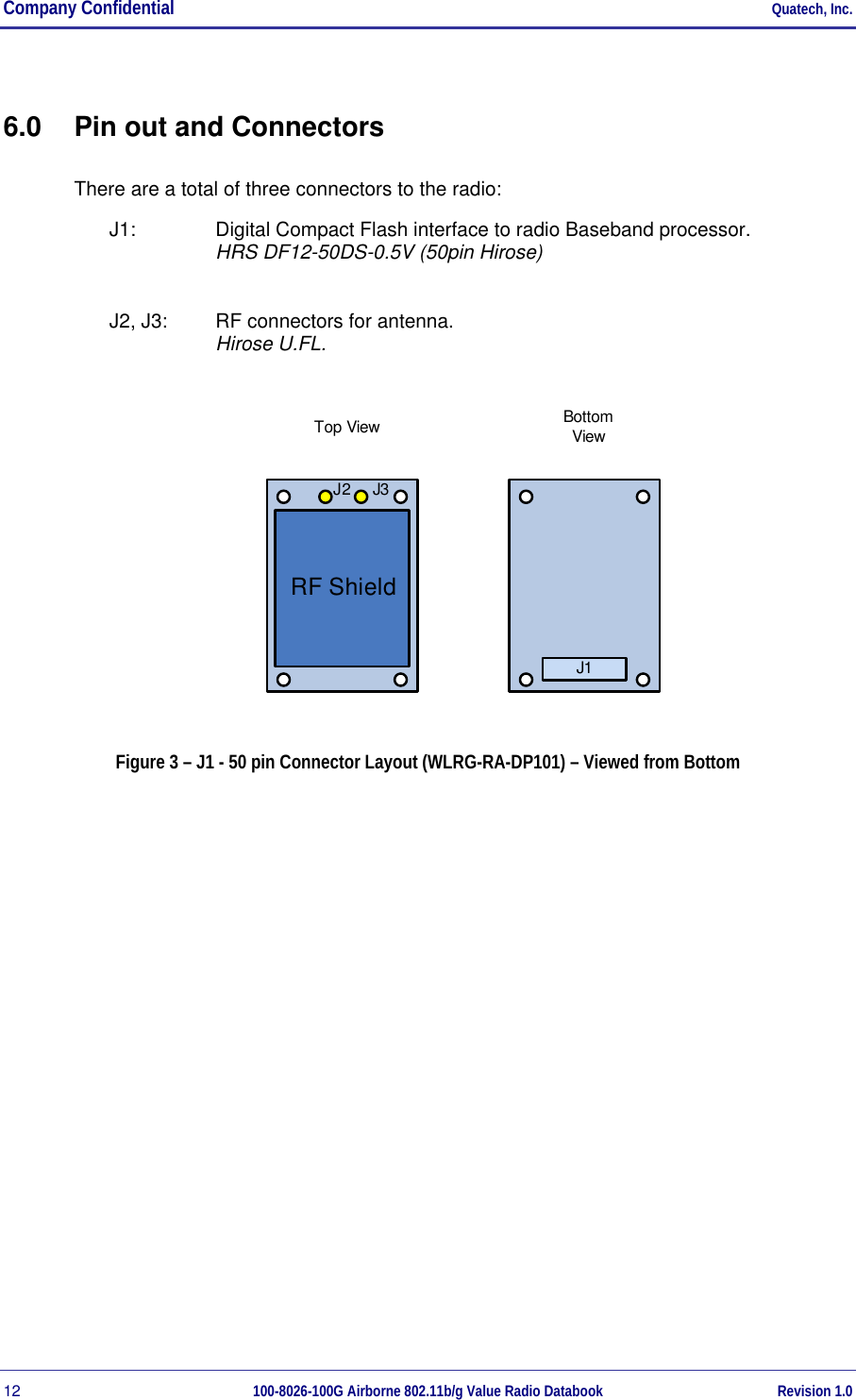 Company Confidential     Quatech, Inc. 12  100-8026-100G Airborne 802.11b/g Value Radio Databook Revision 1.0 6.0  Pin out and Connectors There are a total of three connectors to the radio: J1:   Digital Compact Flash interface to radio Baseband processor. HRS DF12-50DS-0.5V (50pin Hirose)   J2, J3:   RF connectors for antenna. Hirose U.FL.  RF ShieldJ2 J3Top View Bottom ViewJ1  Figure 3 – J1 - 50 pin Connector Layout (WLRG-RA-DP101) – Viewed from Bottom 