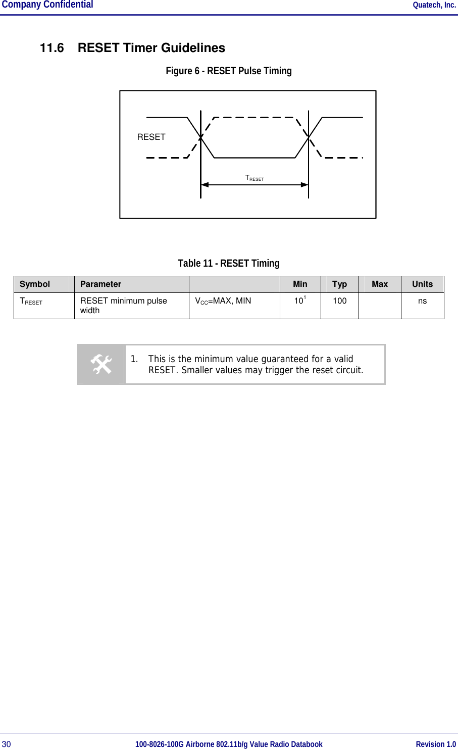 Company Confidential     Quatech, Inc. 30  100-8026-100G Airborne 802.11b/g Value Radio Databook Revision 1.0 11.6  RESET Timer Guidelines Figure 6 - RESET Pulse Timing TRESETRESET  Table 11 - RESET Timing Symbol  Parameter   Min  Typ  Max  Units TRESET  RESET minimum pulse width  VCC=MAX, MIN  101 100    ns  # 1.  This is the minimum value guaranteed for a valid RESET. Smaller values may trigger the reset circuit.    