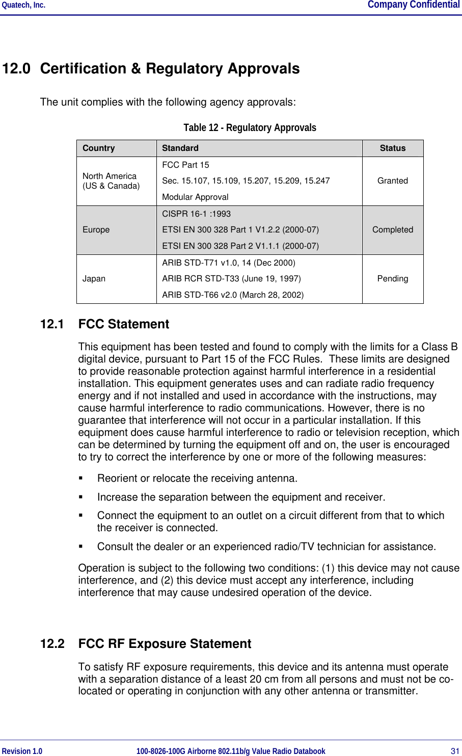 Quatech, Inc.  Company Confidential Revision 1.0 100-8026-100G Airborne 802.11b/g Value Radio Databook 31 12.0  Certification &amp; Regulatory Approvals The unit complies with the following agency approvals:  Table 12 - Regulatory Approvals Country  Standard  Status North America (US &amp; Canada) FCC Part 15 Sec. 15.107, 15.109, 15.207, 15.209, 15.247 Modular Approval Granted Europe CISPR 16-1 :1993 ETSI EN 300 328 Part 1 V1.2.2 (2000-07) ETSI EN 300 328 Part 2 V1.1.1 (2000-07) Completed Japan ARIB STD-T71 v1.0, 14 (Dec 2000) ARIB RCR STD-T33 (June 19, 1997) ARIB STD-T66 v2.0 (March 28, 2002) Pending 12.1 FCC Statement This equipment has been tested and found to comply with the limits for a Class B digital device, pursuant to Part 15 of the FCC Rules.  These limits are designed to provide reasonable protection against harmful interference in a residential installation. This equipment generates uses and can radiate radio frequency energy and if not installed and used in accordance with the instructions, may cause harmful interference to radio communications. However, there is no guarantee that interference will not occur in a particular installation. If this equipment does cause harmful interference to radio or television reception, which can be determined by turning the equipment off and on, the user is encouraged to try to correct the interference by one or more of the following measures:   Reorient or relocate the receiving antenna.   Increase the separation between the equipment and receiver.   Connect the equipment to an outlet on a circuit different from that to which the receiver is connected.   Consult the dealer or an experienced radio/TV technician for assistance. Operation is subject to the following two conditions: (1) this device may not cause interference, and (2) this device must accept any interference, including interference that may cause undesired operation of the device.  12.2  FCC RF Exposure Statement To satisfy RF exposure requirements, this device and its antenna must operate with a separation distance of a least 20 cm from all persons and must not be co-located or operating in conjunction with any other antenna or transmitter. 