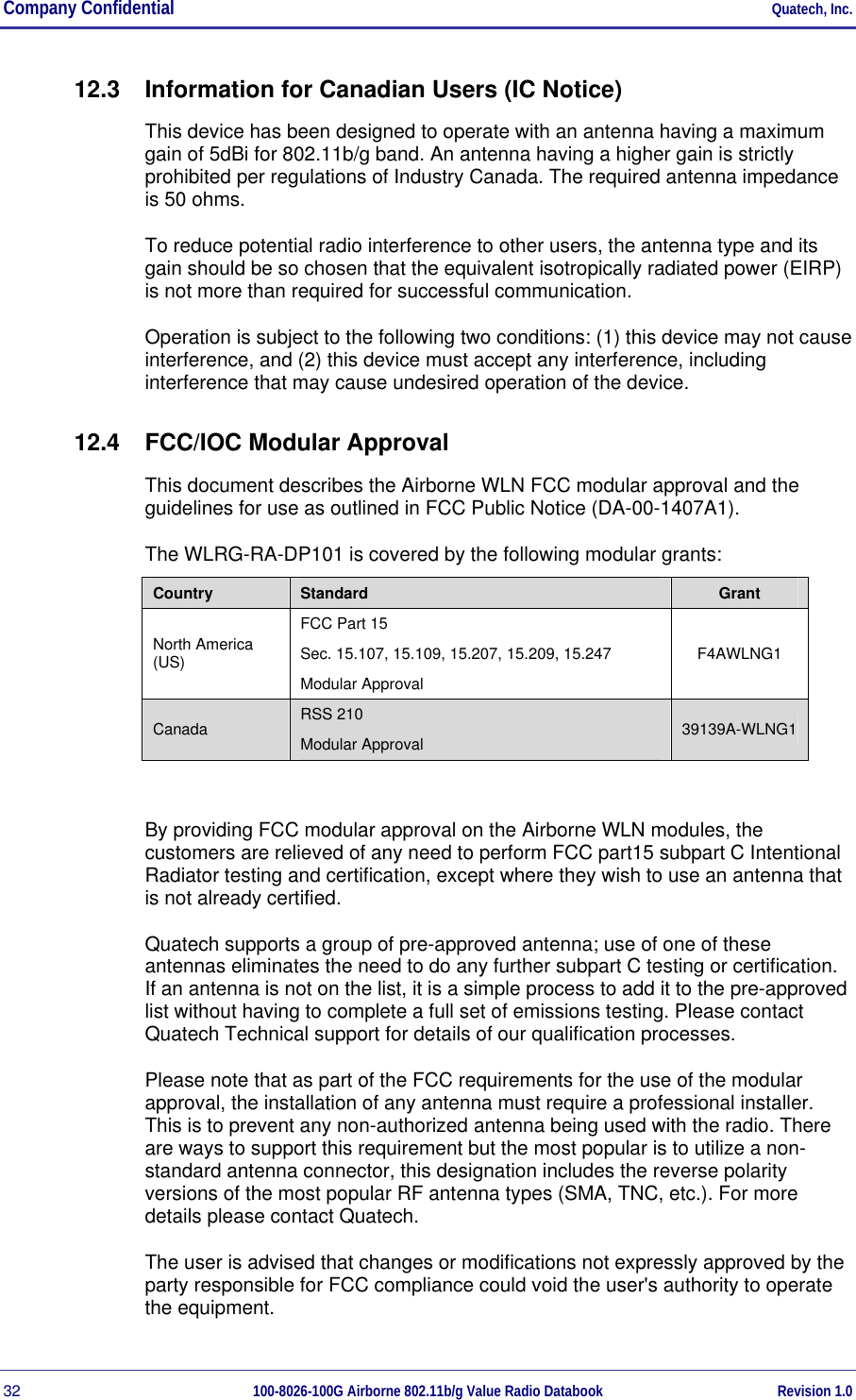 Company Confidential     Quatech, Inc. 32  100-8026-100G Airborne 802.11b/g Value Radio Databook Revision 1.0 12.3  Information for Canadian Users (IC Notice) This device has been designed to operate with an antenna having a maximum gain of 5dBi for 802.11b/g band. An antenna having a higher gain is strictly prohibited per regulations of Industry Canada. The required antenna impedance is 50 ohms. To reduce potential radio interference to other users, the antenna type and its gain should be so chosen that the equivalent isotropically radiated power (EIRP) is not more than required for successful communication. Operation is subject to the following two conditions: (1) this device may not cause interference, and (2) this device must accept any interference, including interference that may cause undesired operation of the device. 12.4  FCC/IOC Modular Approval This document describes the Airborne WLN FCC modular approval and the guidelines for use as outlined in FCC Public Notice (DA-00-1407A1).  The WLRG-RA-DP101 is covered by the following modular grants: Country  Standard  Grant North America (US) FCC Part 15 Sec. 15.107, 15.109, 15.207, 15.209, 15.247 Modular Approval F4AWLNG1 Canada  RSS 210 Modular Approval  39139A-WLNG1  By providing FCC modular approval on the Airborne WLN modules, the customers are relieved of any need to perform FCC part15 subpart C Intentional Radiator testing and certification, except where they wish to use an antenna that is not already certified.  Quatech supports a group of pre-approved antenna; use of one of these antennas eliminates the need to do any further subpart C testing or certification. If an antenna is not on the list, it is a simple process to add it to the pre-approved list without having to complete a full set of emissions testing. Please contact Quatech Technical support for details of our qualification processes. Please note that as part of the FCC requirements for the use of the modular approval, the installation of any antenna must require a professional installer. This is to prevent any non-authorized antenna being used with the radio. There are ways to support this requirement but the most popular is to utilize a non-standard antenna connector, this designation includes the reverse polarity versions of the most popular RF antenna types (SMA, TNC, etc.). For more details please contact Quatech. The user is advised that changes or modifications not expressly approved by the party responsible for FCC compliance could void the user&apos;s authority to operate the equipment. 