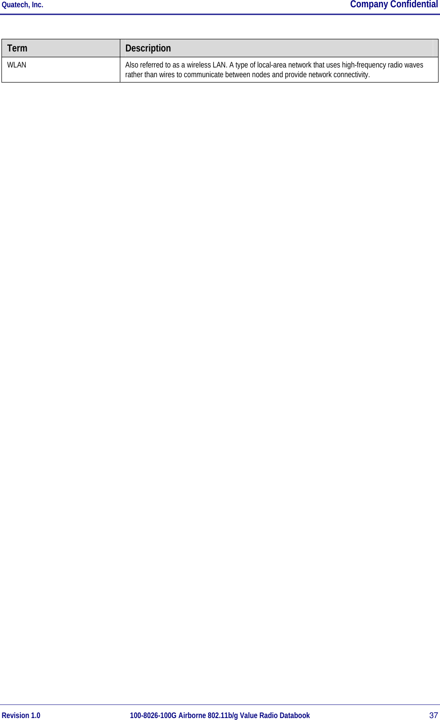 Quatech, Inc.  Company Confidential Revision 1.0 100-8026-100G Airborne 802.11b/g Value Radio Databook 37 Term  Description WLAN  Also referred to as a wireless LAN. A type of local-area network that uses high-frequency radio waves rather than wires to communicate between nodes and provide network connectivity.   