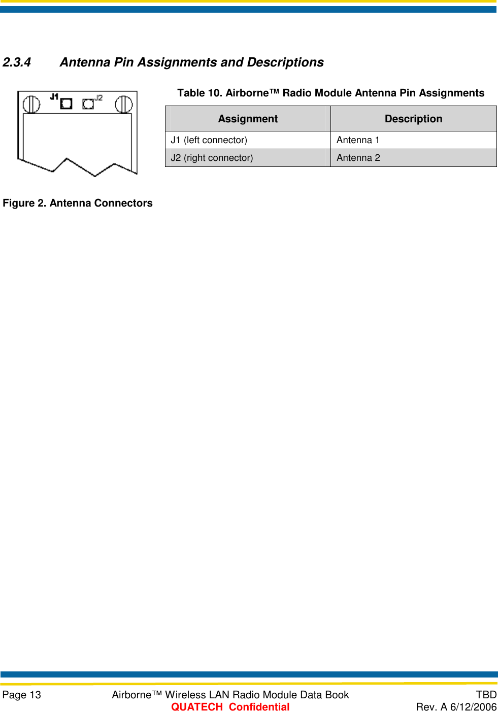     Page 13  Airborne™ Wireless LAN Radio Module Data Book  TBD  QUATECH  Confidential  Rev. A 6/12/2006  2.3.4  Antenna Pin Assignments and Descriptions  Figure 2. Antenna Connectors Table 10. Airborne™ Radio Module Antenna Pin Assignments Assignment  Description J1 (left connector)  Antenna 1 J2 (right connector)  Antenna 2  