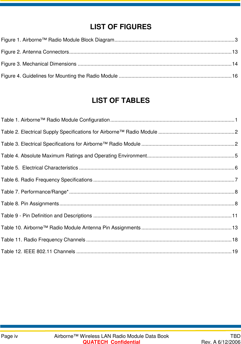     Page iv  Airborne™ Wireless LAN Radio Module Data Book  TBD  QUATECH  Confidential  Rev. A 6/12/2006  LIST OF FIGURES Figure 1. Airborne™ Radio Module Block Diagram.....................................................................................3 Figure 2. Antenna Connectors...................................................................................................................13 Figure 3. Mechanical Dimensions .............................................................................................................14 Figure 4. Guidelines for Mounting the Radio Module ................................................................................16  LIST OF TABLES Table 1. Airborne™ Radio Module Configuration........................................................................................1 Table 2. Electrical Supply Specifications for Airborne™ Radio Module ......................................................2 Table 3. Electrical Specifications for Airborne™ Radio Module ..................................................................2 Table 4. Absolute Maximum Ratings and Operating Environment..............................................................5 Table 5.  Electrical Characteristics ..............................................................................................................6 Table 6. Radio Frequency Specifications ....................................................................................................7 Table 7. Performance/Range*.....................................................................................................................8 Table 8. Pin Assignments............................................................................................................................8 Table 9 - Pin Definition and Descriptions ..................................................................................................11 Table 10. Airborne™ Radio Module Antenna Pin Assignments ................................................................13 Table 11. Radio Frequency Channels .......................................................................................................18 Table 12. IEEE 802.11 Channels ..............................................................................................................19  