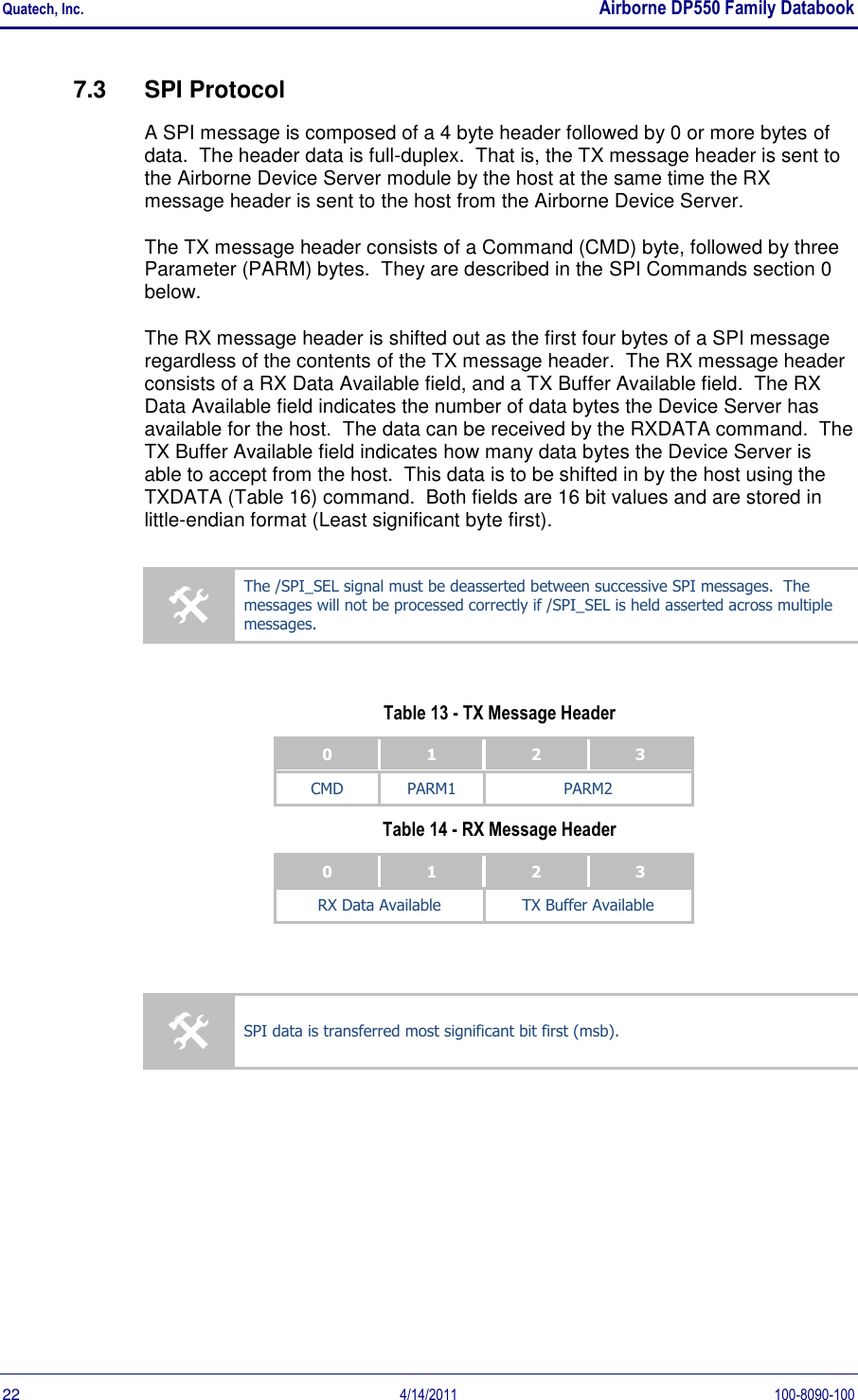 Quatech, Inc.    Airborne DP550 Family Databook  22  4/14/2011  100-8090-100 7.3  SPI Protocol A SPI message is composed of a 4 byte header followed by 0 or more bytes of data.  The header data is full-duplex.  That is, the TX message header is sent to the Airborne Device Server module by the host at the same time the RX message header is sent to the host from the Airborne Device Server. The TX message header consists of a Command (CMD) byte, followed by three Parameter (PARM) bytes.  They are described in the SPI Commands section 0 below. The RX message header is shifted out as the first four bytes of a SPI message regardless of the contents of the TX message header.  The RX message header consists of a RX Data Available field, and a TX Buffer Available field.  The RX Data Available field indicates the number of data bytes the Device Server has available for the host.  The data can be received by the RXDATA command.  The TX Buffer Available field indicates how many data bytes the Device Server is able to accept from the host.  This data is to be shifted in by the host using the TXDATA (Table 16) command.  Both fields are 16 bit values and are stored in little-endian format (Least significant byte first).  The /SPI_SEL signal must be deasserted between successive SPI messages.  The messages will not be processed correctly if /SPI_SEL is held asserted across multiple messages.  Table 13 - TX Message Header 0 1 2 3 CMD PARM1 PARM2 Table 14 - RX Message Header 0 1 2 3 RX Data Available TX Buffer Available    SPI data is transferred most significant bit first (msb). 
