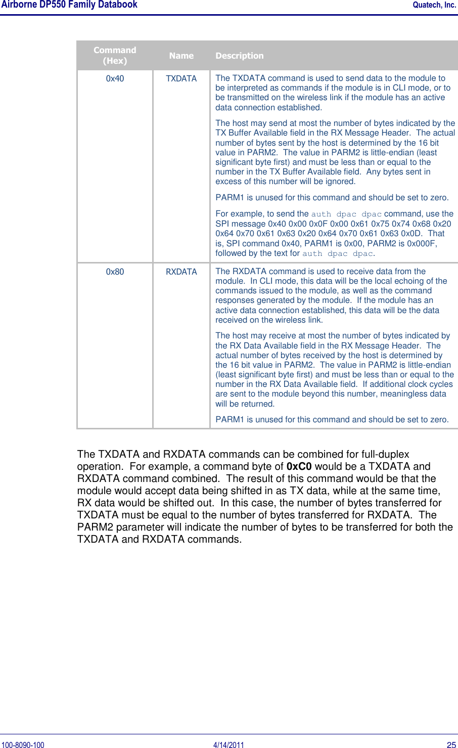Airborne DP550 Family Databook    Quatech, Inc. 100-8090-100  4/14/2011  25 Command (Hex) Name Description 0x40 TXDATA The TXDATA command is used to send data to the module to be interpreted as commands if the module is in CLI mode, or to be transmitted on the wireless link if the module has an active data connection established.   The host may send at most the number of bytes indicated by the TX Buffer Available field in the RX Message Header.  The actual number of bytes sent by the host is determined by the 16 bit value in PARM2.  The value in PARM2 is little-endian (least significant byte first) and must be less than or equal to the number in the TX Buffer Available field.  Any bytes sent in excess of this number will be ignored. PARM1 is unused for this command and should be set to zero. For example, to send the auth dpac dpac command, use the SPI message 0x40 0x00 0x0F 0x00 0x61 0x75 0x74 0x68 0x20 0x64 0x70 0x61 0x63 0x20 0x64 0x70 0x61 0x63 0x0D.  That is, SPI command 0x40, PARM1 is 0x00, PARM2 is 0x000F, followed by the text for auth dpac dpac. 0x80 RXDATA The RXDATA command is used to receive data from the module.  In CLI mode, this data will be the local echoing of the commands issued to the module, as well as the command responses generated by the module.  If the module has an active data connection established, this data will be the data received on the wireless link.   The host may receive at most the number of bytes indicated by the RX Data Available field in the RX Message Header.  The actual number of bytes received by the host is determined by the 16 bit value in PARM2.  The value in PARM2 is little-endian (least significant byte first) and must be less than or equal to the number in the RX Data Available field.  If additional clock cycles are sent to the module beyond this number, meaningless data will be returned. PARM1 is unused for this command and should be set to zero. The TXDATA and RXDATA commands can be combined for full-duplex operation.  For example, a command byte of 0xC0 would be a TXDATA and RXDATA command combined.  The result of this command would be that the module would accept data being shifted in as TX data, while at the same time, RX data would be shifted out.  In this case, the number of bytes transferred for TXDATA must be equal to the number of bytes transferred for RXDATA.  The PARM2 parameter will indicate the number of bytes to be transferred for both the TXDATA and RXDATA commands. 
