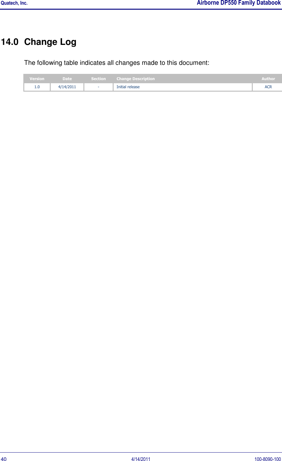Quatech, Inc.    Airborne DP550 Family Databook  40  4/14/2011  100-8090-100 14.0  Change Log The following table indicates all changes made to this document: Version Date Section Change Description Author 1.0 4/14/2011 - Initial release ACR    
