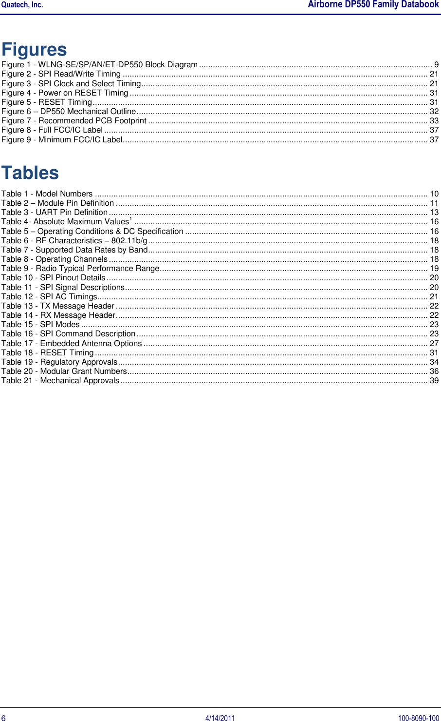 Quatech, Inc.    Airborne DP550 Family Databook  6  4/14/2011  100-8090-100 Figures Figure 1 - WLNG-SE/SP/AN/ET-DP550 Block Diagram ..................................................................................................... 9 Figure 2 - SPI Read/Write Timing .................................................................................................................................... 21 Figure 3 - SPI Clock and Select Timing ............................................................................................................................ 21 Figure 4 - Power on RESET Timing ................................................................................................................................. 31 Figure 5 - RESET Timing ................................................................................................................................................. 31 Figure 6 – DP550 Mechanical Outline .............................................................................................................................. 32 Figure 7 - Recommended PCB Footprint ......................................................................................................................... 33 Figure 8 - Full FCC/IC Label ............................................................................................................................................ 37 Figure 9 - Minimum FCC/IC Label .................................................................................................................................... 37  Tables Table 1 - Model Numbers ................................................................................................................................................ 10 Table 2 – Module Pin Definition ....................................................................................................................................... 11 Table 3 - UART Pin Definition .......................................................................................................................................... 13 Table 4- Absolute Maximum Values1 ............................................................................................................................... 16 Table 5 – Operating Conditions &amp; DC Specification ......................................................................................................... 16 Table 6 - RF Characteristics – 802.11b/g ......................................................................................................................... 18 Table 7 - Supported Data Rates by Band ......................................................................................................................... 18 Table 8 - Operating Channels .......................................................................................................................................... 18 Table 9 - Radio Typical Performance Range .................................................................................................................... 19 Table 10 - SPI Pinout Details ........................................................................................................................................... 20 Table 11 - SPI Signal Descriptions ................................................................................................................................... 20 Table 12 - SPI AC Timings............................................................................................................................................... 21 Table 13 - TX Message Header ....................................................................................................................................... 22 Table 14 - RX Message Header ....................................................................................................................................... 22 Table 15 - SPI Modes ...................................................................................................................................................... 23 Table 16 - SPI Command Description .............................................................................................................................. 23 Table 17 - Embedded Antenna Options ........................................................................................................................... 27 Table 18 - RESET Timing ................................................................................................................................................ 31 Table 19 - Regulatory Approvals ...................................................................................................................................... 34 Table 20 - Modular Grant Numbers .................................................................................................................................. 36 Table 21 - Mechanical Approvals ..................................................................................................................................... 39   