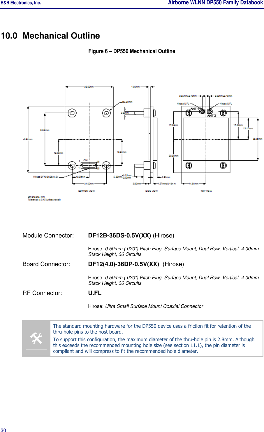 B&amp;B Electronics, Inc.    Airborne WLNN DP550 Family Databook  30       10.0  Mechanical Outline Figure 6 – DP550 Mechanical Outline  Module Connector:   DF12B-36DS-0.5V(XX) (Hirose)  Hirose: 0.50mm (.020&quot;) Pitch Plug, Surface Mount, Dual Row, Vertical, 4.00mm Stack Height, 36 Circuits Board Connector:  DF12(4.0)-36DP-0.5V(XX)  (Hirose)  Hirose: 0.50mm (.020&quot;) Pitch Plug, Surface Mount, Dual Row, Vertical, 4.00mm Stack Height, 36 Circuits RF Connector:  U.FL   Hirose: Ultra Small Surface Mount Coaxial Connector  The standard mounting hardware for the DP550 device uses a friction fit for retention of the thru-hole pins to the host board.  To support this configuration, the maximum diameter of the thru-hole pin is 2.8mm. Although this exceeds the recommended mounting hole size (see section 11.1), the pin diameter is compliant and will compress to fit the recommended hole diameter.  