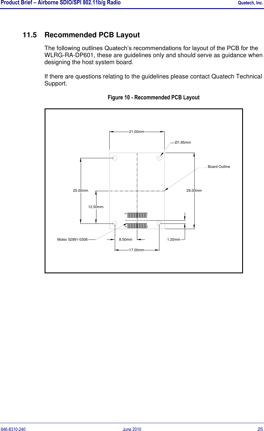 Product Brief – Airborne SDIO/SPI 802.11b/g Radio    Quatech, Inc. 846-8310-240  June 2010  25 11.5  Recommended PCB Layout The following outlines Quatech‟s recommendations for layout of the PCB for the WLRG-RA-DP601, these are guidelines only and should serve as guidance when designing the host system board.  If there are questions relating to the guidelines please contact Quatech Technical Support. Figure 10 - Recommended PCB Layout Board OutlineMolex 52991-0308Ø1.85mm17.00mm1.20mm29.00mm25.00mm12.50mm8.50mm21.00mm2930 21 
