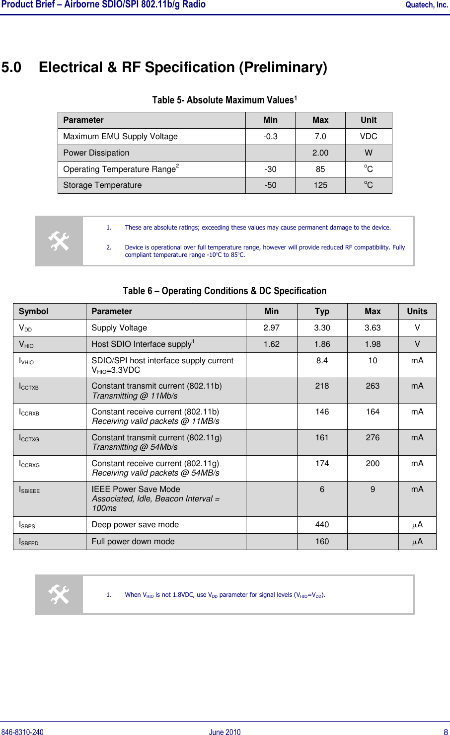 Product Brief – Airborne SDIO/SPI 802.11b/g Radio    Quatech, Inc. 846-8310-240  June 2010  8 5.0  Electrical &amp; RF Specification (Preliminary) Table 5- Absolute Maximum Values1 Parameter Min Max Unit Maximum EMU Supply Voltage -0.3 7.0 VDC Power Dissipation  2.00 W Operating Temperature Range2 -30 85 oC Storage Temperature -50 125 oC   1. These are absolute ratings; exceeding these values may cause permanent damage to the device. 2. Device is operational over full temperature range, however will provide reduced RF compatibility. Fully compliant temperature range -10C to 85C. Table 6 – Operating Conditions &amp; DC Specification Symbol Parameter Min Typ Max Units VDD Supply Voltage  2.97 3.30 3.63 V VHIO Host SDIO Interface supply1 1.62 1.86 1.98 V IVHIO SDIO/SPI host interface supply current VHIO=3.3VDC  8.4 10 mA ICCTXB Constant transmit current (802.11b) Transmitting @ 11Mb/s  218 263 mA ICCRXB Constant receive current (802.11b) Receiving valid packets @ 11MB/s  146 164 mA ICCTXG Constant transmit current (802.11g) Transmitting @ 54Mb/s  161 276 mA ICCRXG Constant receive current (802.11g) Receiving valid packets @ 54MB/s  174 200 mA ISBIEEE IEEE Power Save Mode Associated, Idle, Beacon Interval = 100ms  6 9 mA ISBPS Deep power save mode  440  A ISBFPD Full power down mode  160  A   1. When VHIO is not 1.8VDC, use VDD parameter for signal levels (VHIO=VDD). 