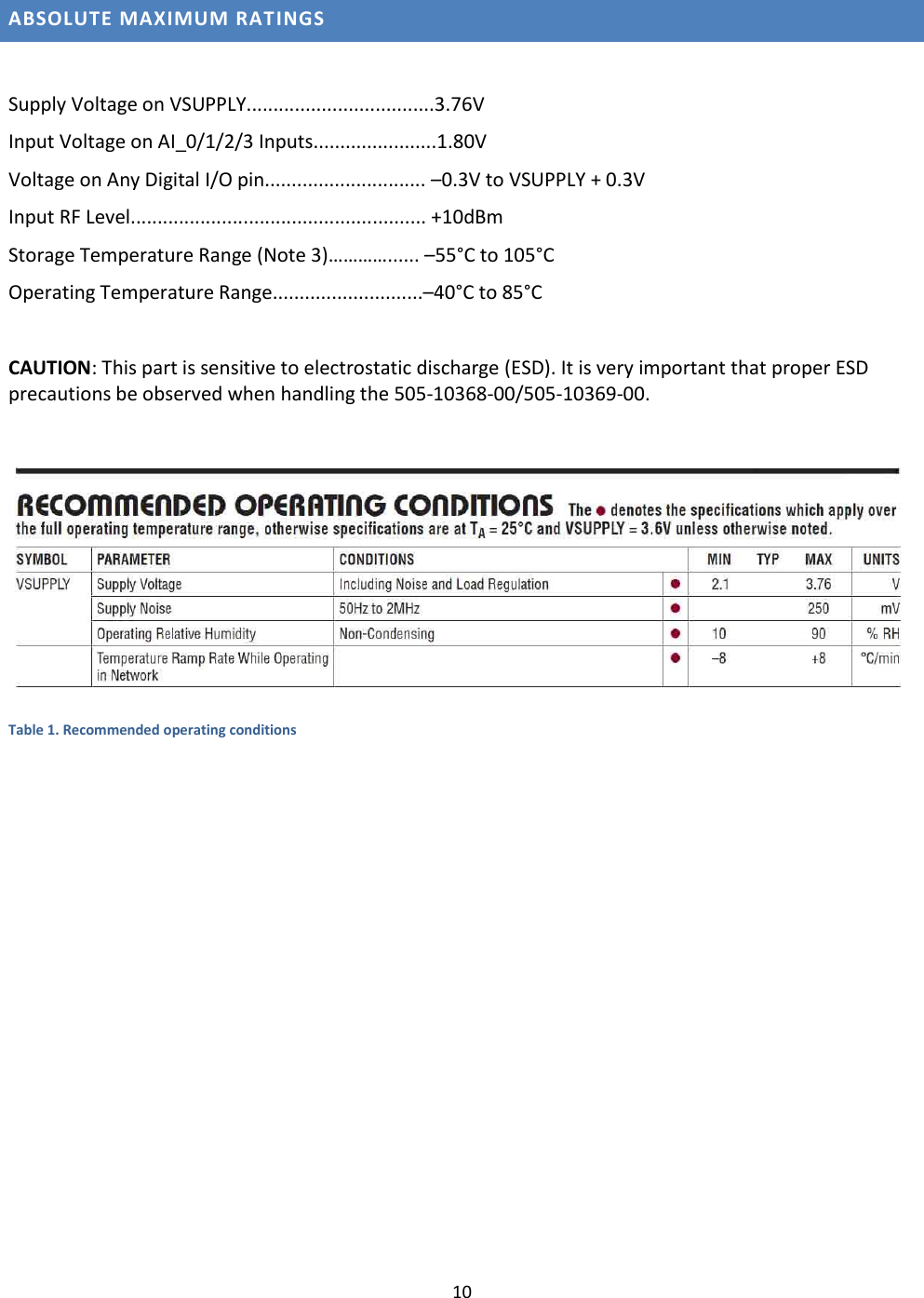 10  ABSOLUTE MAXIMUM RATINGS  Supply Voltage on VSUPPLY...................................3.76V Input Voltage on AI_0/1/2/3 Inputs.......................1.80V Voltage on Any Digital I/O pin.............................. –0.3V to VSUPPLY + 0.3V Input RF Level....................................................... +10dBm Storage Temperature Range (Note 3)…………...... –55°C to 105°C Operating Temperature Range............................–40°C to 85°C  CAUTION: This part is sensitive to electrostatic discharge (ESD). It is very important that proper ESD precautions be observed when handling the 505-10368-00/505-10369-00.   Table 1. Recommended operating conditions  