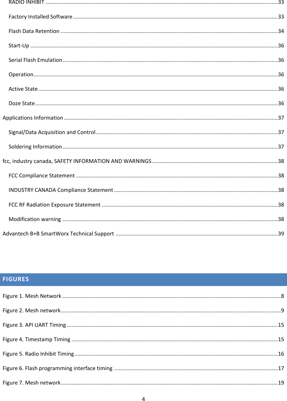 4  RADIO INHIBIT ......................................................................................................................................................... 33 Factory Installed Software ....................................................................................................................................... 33 Flash Data Retention ............................................................................................................................................... 34 Start-Up ................................................................................................................................................................... 36 Serial Flash Emulation .............................................................................................................................................. 36 Operation ................................................................................................................................................................. 36 Active State .............................................................................................................................................................. 36 Doze State ................................................................................................................................................................ 36 Applications Information ............................................................................................................................................. 37 Signal/Data Acquisition and Control ........................................................................................................................ 37 Soldering Information .............................................................................................................................................. 37 fcc, industry canada, SAFETY INFORMATION AND WARNINGS ................................................................................... 38 FCC Compliance Statement ..................................................................................................................................... 38 INDUSTRY CANADA Compliance Statement ............................................................................................................ 38 FCC RF Radiation Exposure Statement .................................................................................................................... 38 Modification warning .............................................................................................................................................. 38 Advantech B+B SmartWorx Technical Support ........................................................................................................... 39   FIGURES Figure 1. Mesh Network ................................................................................................................................................ 8 Figure 2. Mesh network ................................................................................................................................................. 9 Figure 3. API UART Timing ........................................................................................................................................... 15 Figure 4. Timestamp Timing ........................................................................................................................................ 15 Figure 5. Radio Inhibit Timing ...................................................................................................................................... 16 Figure 6. Flash programming interface timing ............................................................................................................ 17 Figure 7. Mesh network ............................................................................................................................................... 19 