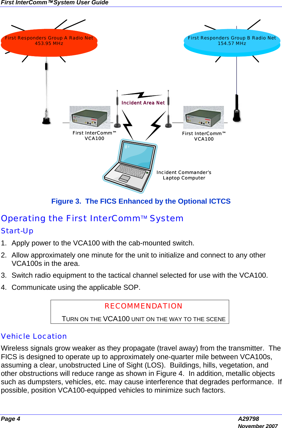 First InterComm™ System User Guide Page 4  A29798  November 2007 First InterComm™VCA100First Responders Group A Radio Net453.95 MHzFirst InterComm™VCA100Incident Area NetIncident Commander’sLaptop ComputerFirst Responders Group B Radio Net154.57 MHzFirst InterComm™VCA100First Responders Group A Radio Net453.95 MHzFirst Responders Group A Radio Net453.95 MHzFirst InterComm™VCA100Incident Area NetIncident Commander’sLaptop ComputerFirst Responders Group B Radio Net154.57 MHz Figure 3.  The FICS Enhanced by the Optional ICTCS  Operating the First InterComm™ System Start-Up 1.  Apply power to the VCA100 with the cab-mounted switch. 2.  Allow approximately one minute for the unit to initialize and connect to any other VCA100s in the area.  3.  Switch radio equipment to the tactical channel selected for use with the VCA100. 4.  Communicate using the applicable SOP.  RECOMMENDATION TURN ON THE VCA100 UNIT ON THE WAY TO THE SCENE  Vehicle Location Wireless signals grow weaker as they propagate (travel away) from the transmitter.  The FICS is designed to operate up to approximately one-quarter mile between VCA100s, assuming a clear, unobstructed Line of Sight (LOS).  Buildings, hills, vegetation, and other obstructions will reduce range as shown in Figure 4.  In addition, metallic objects such as dumpsters, vehicles, etc. may cause interference that degrades performance.  If possible, position VCA100-equipped vehicles to minimize such factors. 