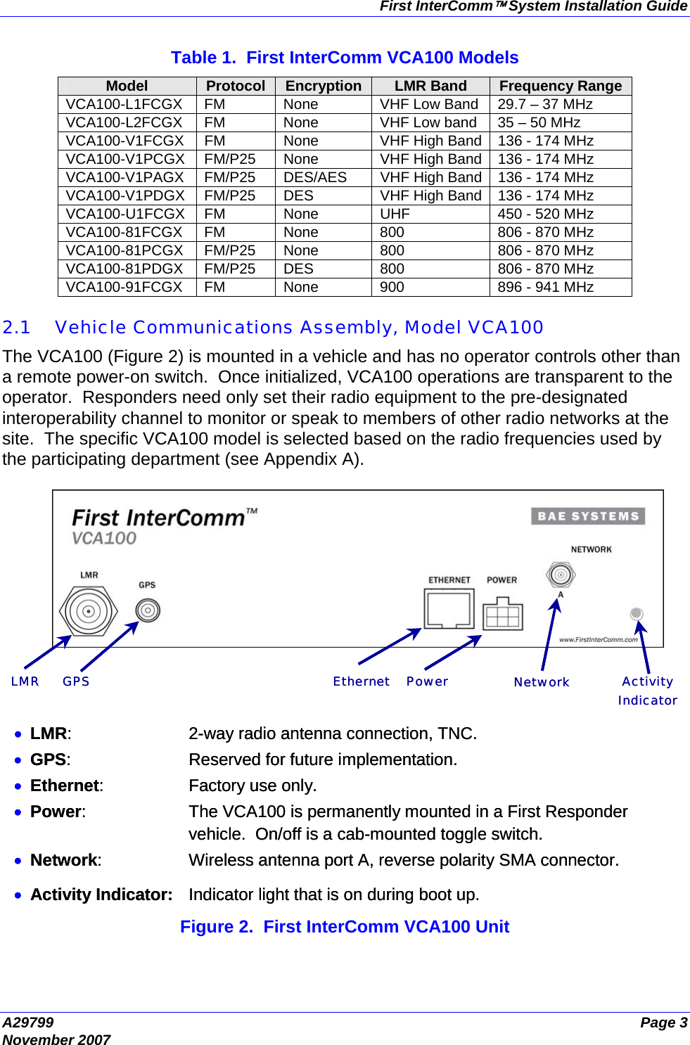 First InterComm™ System Installation Guide A29799  Page 3 November 2007  Table 1.  First InterComm VCA100 Models Model  Protocol  Encryption  LMR Band  Frequency Range VCA100-L1FCGX  FM  None  VHF Low Band  29.7 – 37 MHz VCA100-L2FCGX  FM  None  VHF Low band   35 – 50 MHz VCA100-V1FCGX  FM  None  VHF High Band 136 - 174 MHz VCA100-V1PCGX  FM/P25  None  VHF High Band 136 - 174 MHz VCA100-V1PAGX  FM/P25  DES/AES  VHF High Band 136 - 174 MHz VCA100-V1PDGX  FM/P25  DES  VHF High Band 136 - 174 MHz VCA100-U1FCGX  FM  None  UHF  450 - 520 MHz VCA100-81FCGX  FM  None  800  806 - 870 MHz VCA100-81PCGX  FM/P25  None  800  806 - 870 MHz VCA100-81PDGX  FM/P25  DES  800  806 - 870 MHz VCA100-91FCGX  FM  None  900  896 - 941 MHz  2.1 Vehicle Communications Assembly, Model VCA100  The VCA100 (Figure 2) is mounted in a vehicle and has no operator controls other than a remote power-on switch.  Once initialized, VCA100 operations are transparent to the operator.  Responders need only set their radio equipment to the pre-designated interoperability channel to monitor or speak to members of other radio networks at the site.  The specific VCA100 model is selected based on the radio frequencies used by the participating department (see Appendix A).  •LMR: 2-way radio antenna connection, TNC.•GPS: Reserved for future implementation.•Ethernet: Factory use only.•Power: The VCA100 is permanently mounted in a First Responder vehicle.  On/off is a cab-mounted toggle switch.•Network: Wireless antenna port A, reverse polarity SMA connector.•Activity Indicator: Indicator light that is on during boot up.Ethernet ActivityIndicatorPowerLMR GPS Network•LMR: 2-way radio antenna connection, TNC.•GPS: Reserved for future implementation.•Ethernet: Factory use only.•Power: The VCA100 is permanently mounted in a First Responder vehicle.  On/off is a cab-mounted toggle switch.•Network: Wireless antenna port A, reverse polarity SMA connector.•Activity Indicator: Indicator light that is on during boot up.Ethernet ActivityIndicatorPowerLMR GPS Network Figure 2.  First InterComm VCA100 Unit 